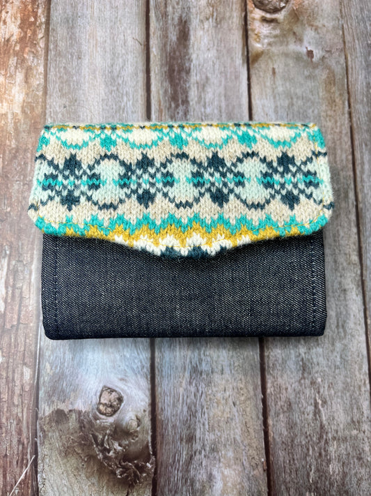 Hand knitted Fair Isle Purse Clutch - Blue Yellow Cream - Uphouse Crafts