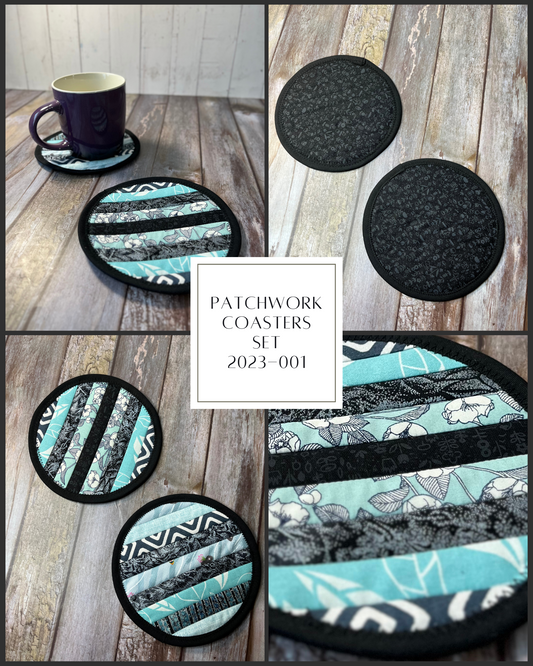 Round Fabric Coasters Set of 2 - Black Aqua Patchwork - Uphouse Crafts