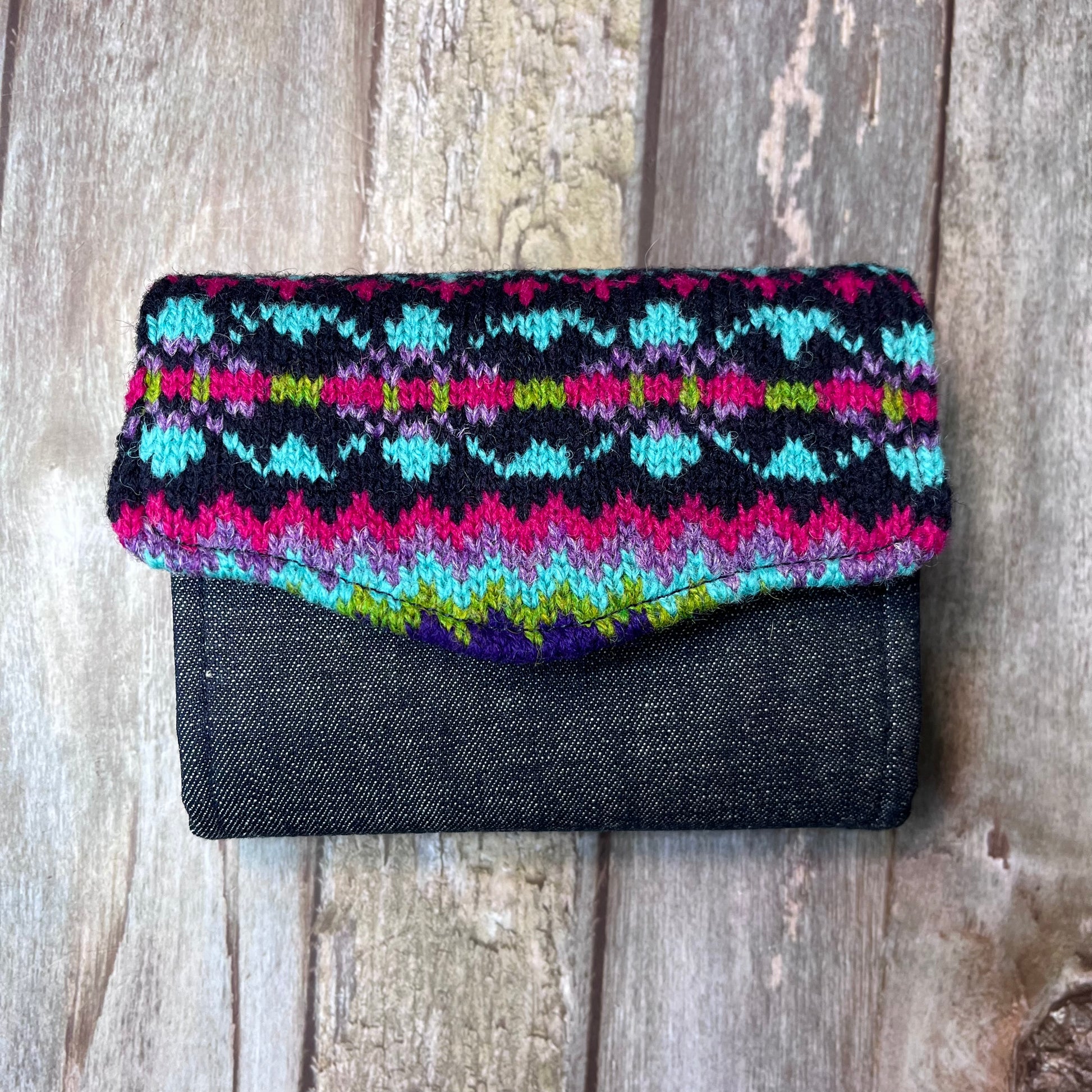 Hand knitted Fair Isle Purse Clutch - Navy, Pink, Green, Purple - Uphouse Crafts