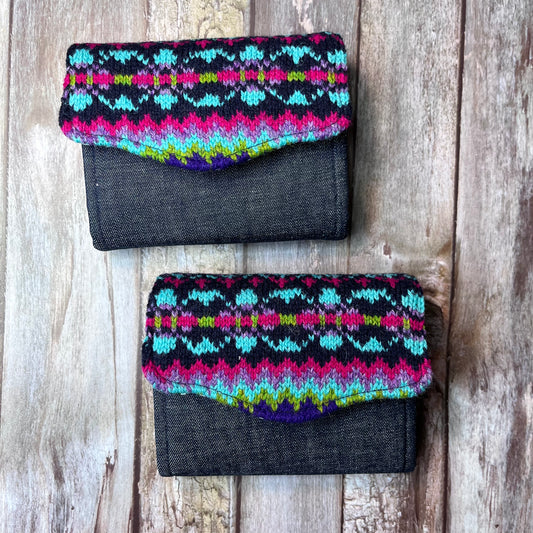 Hand knitted Fair Isle Purse Clutch - Navy, Pink, Green, Purple - Uphouse Crafts