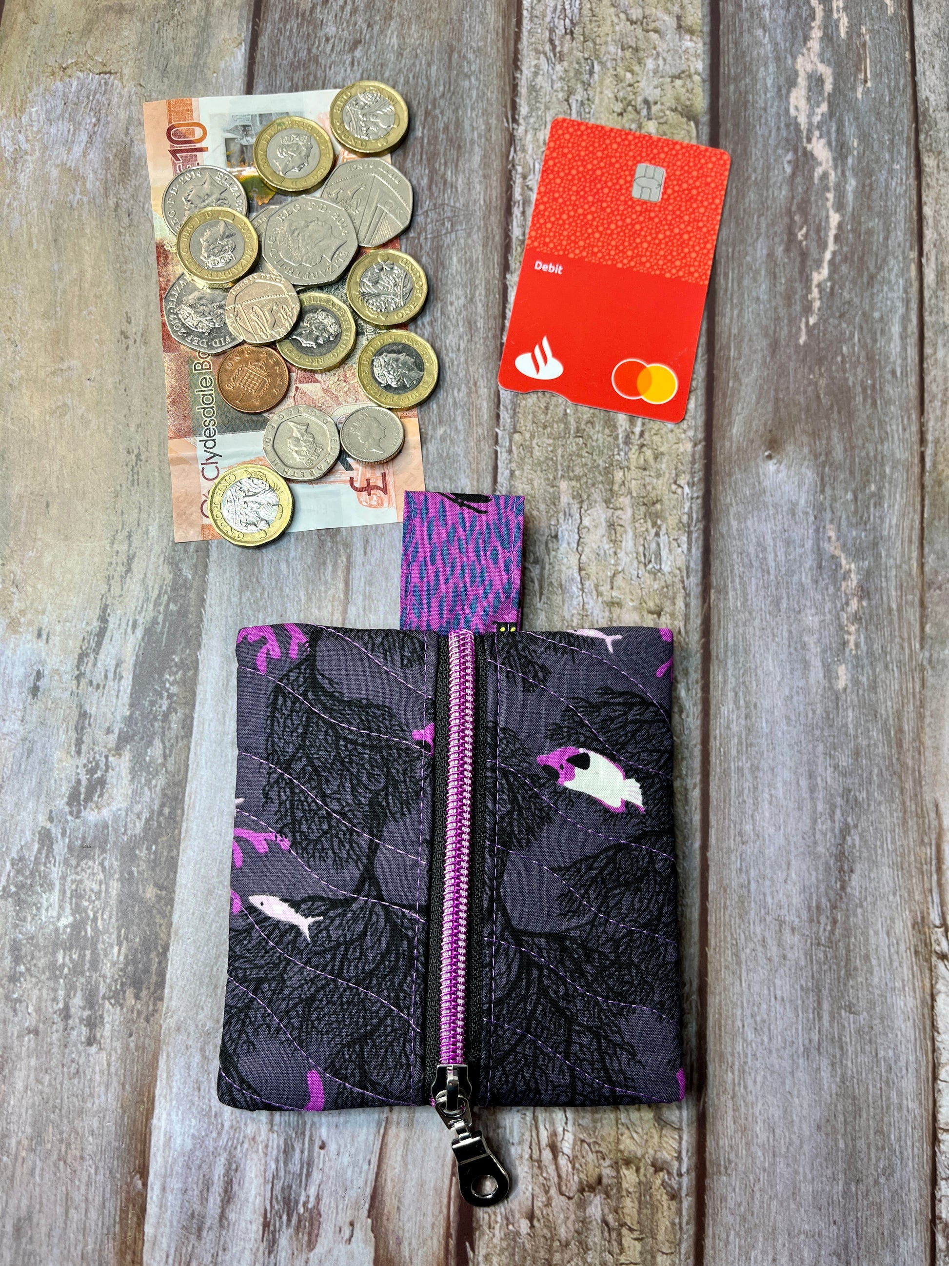 Mini Zip Pouch - Charcoal Purple Fish - Uphouse Crafts