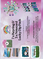 Promotional image of a Lucky Dip Pack with keyrings and notecards from Uphouse Crafts.