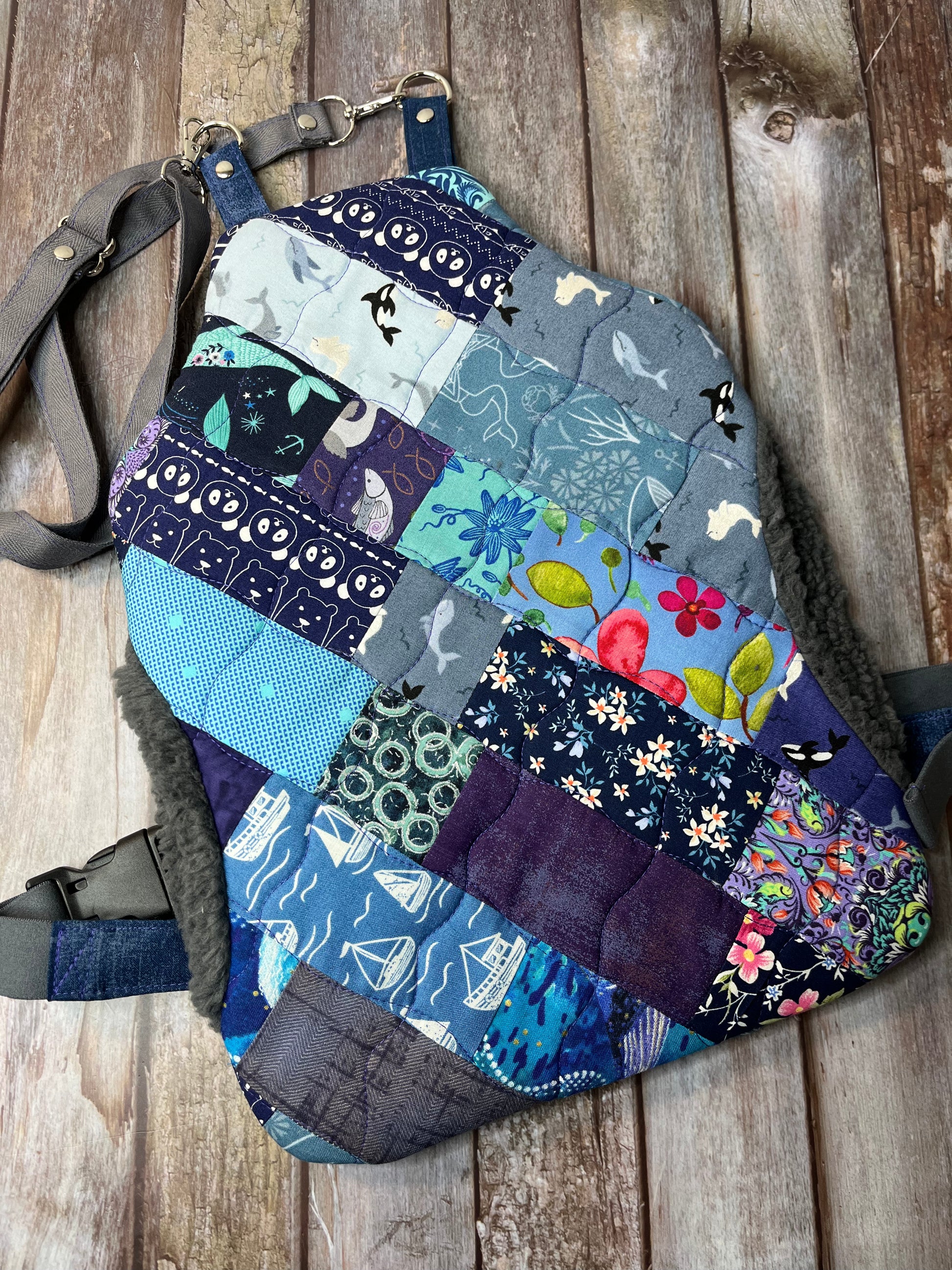 Wearable Hot Water Bottle Cover - Purple & Blue Patchwork - Uphouse Crafts