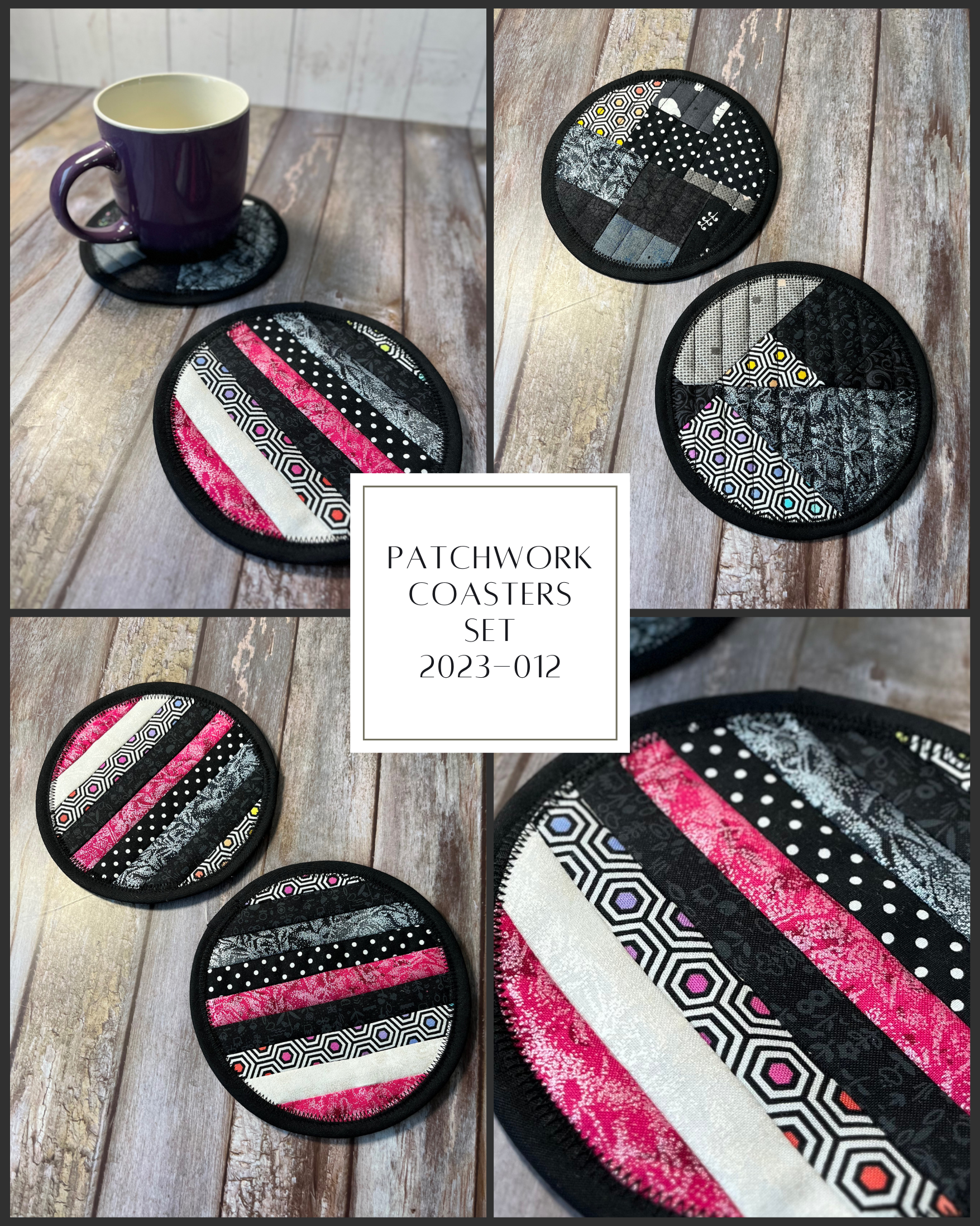Round Fabric Coasters Set of 2 - Black Pink Patchwork - Uphouse Crafts