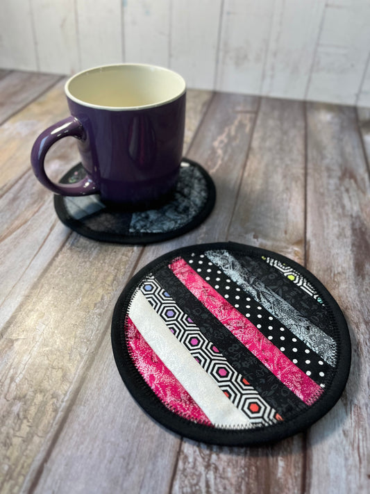 Round Fabric Coasters Set of 2 - Black Pink Patchwork - Uphouse Crafts