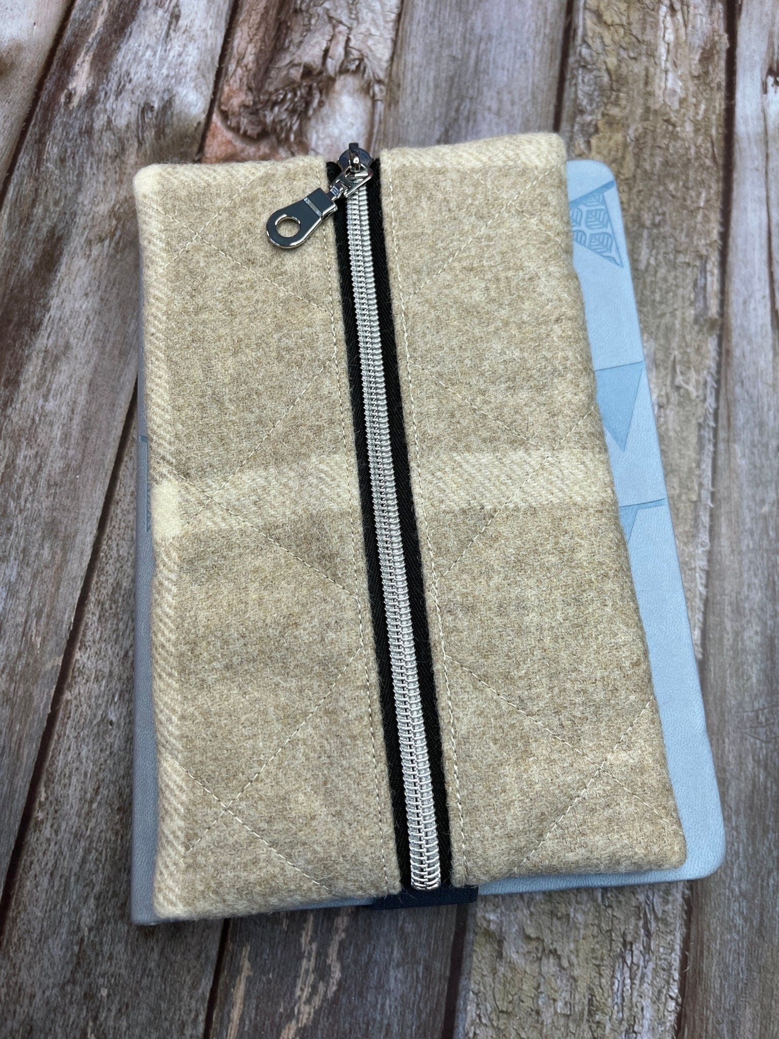 Beige Cream Check Tweed Notebook Pencil Case, A5 Journal Zip Case, Bookmark - Uphouse Crafts