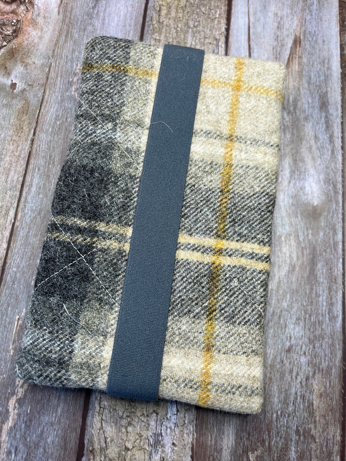 Beige Grey Mustard Check Tweed Notebook Pencil Case, A5 Journal Zip Case, Bookmark - Uphouse Crafts