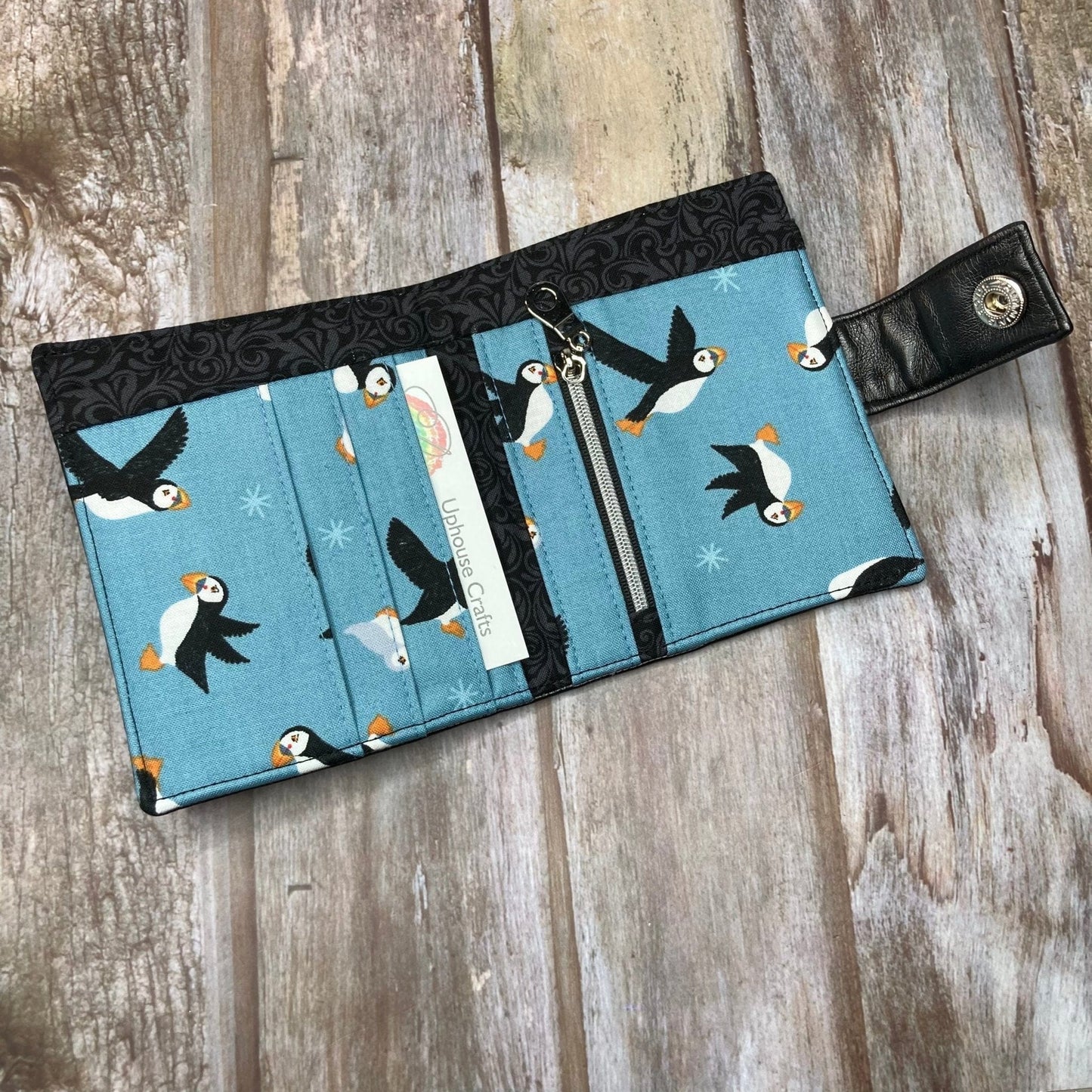 Bi-Fold Black Faux Leather Wallet | Blue Puffin interior