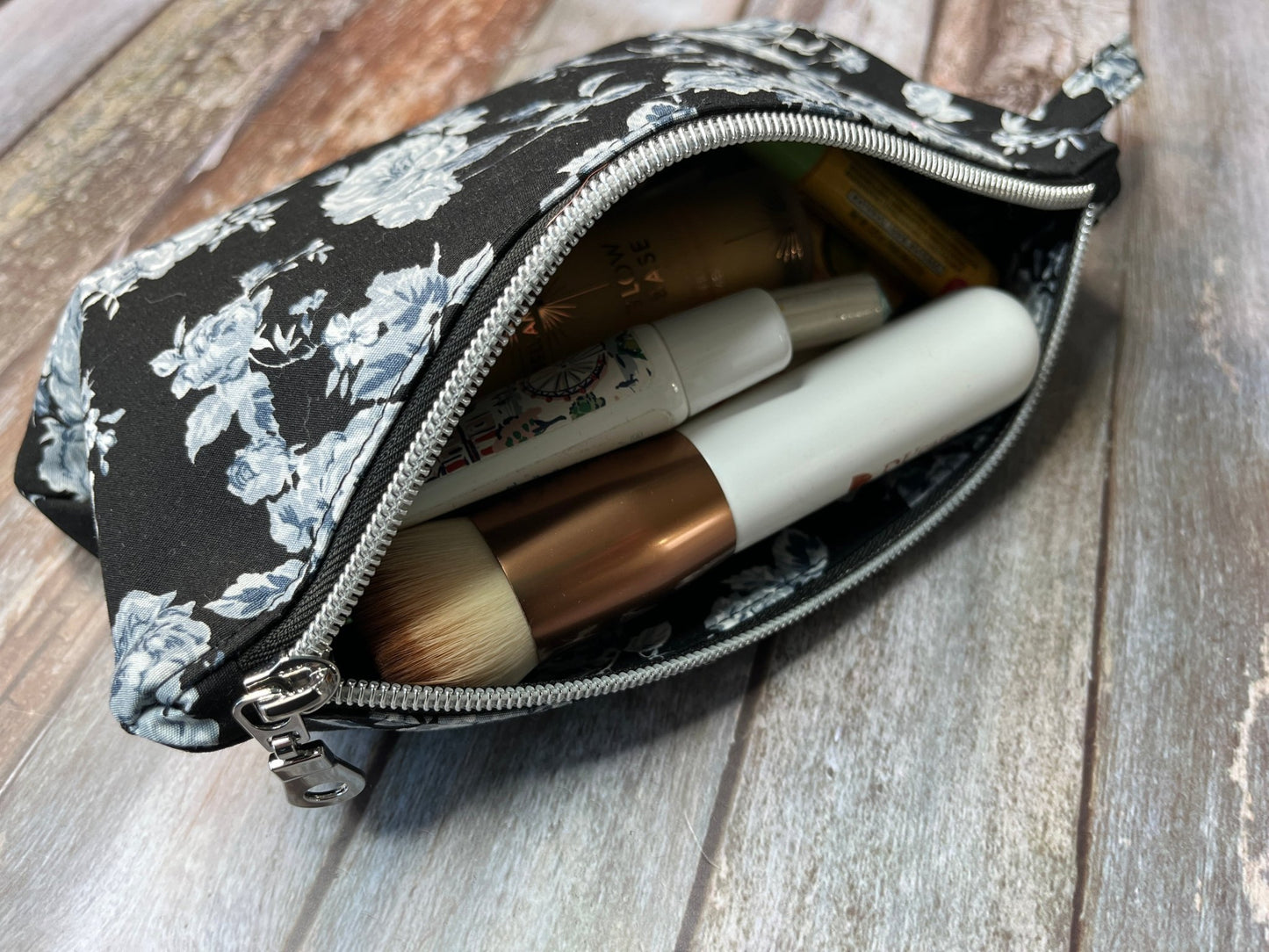 Black White Floral Makeup Bag Pencil Case - Uphouse Crafts