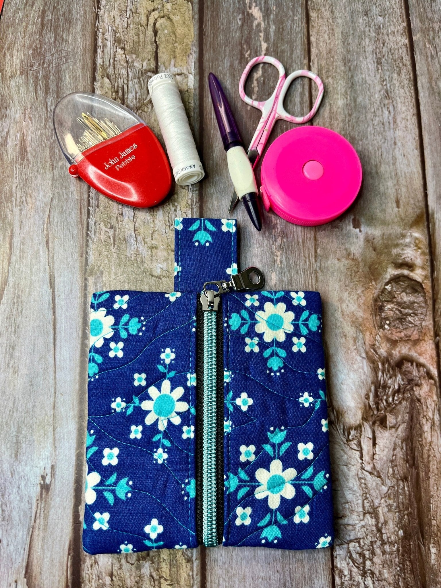 Blue Floral quilted Mini Zip Pouch, Coin Purse, Keyring Purse, Emergency Kit, Girls Purse, Blue Turquoise Pouch - Uphouse Crafts