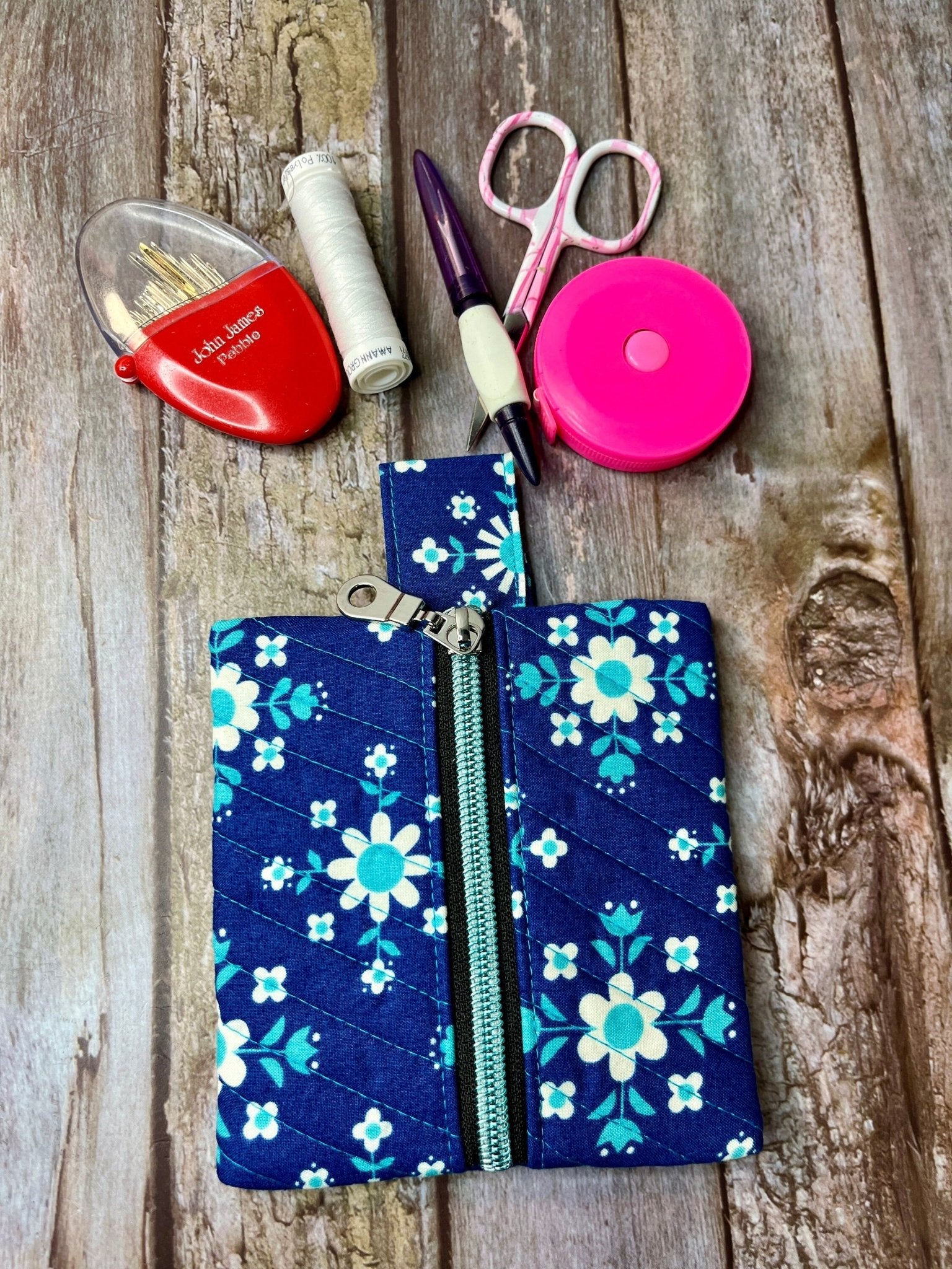 Blue Floral quilted Mini Zip Pouch, Coin Purse, Keyring Purse, Emergency Kit, Girls Purse, Blue Turquoise Pouch - Uphouse Crafts