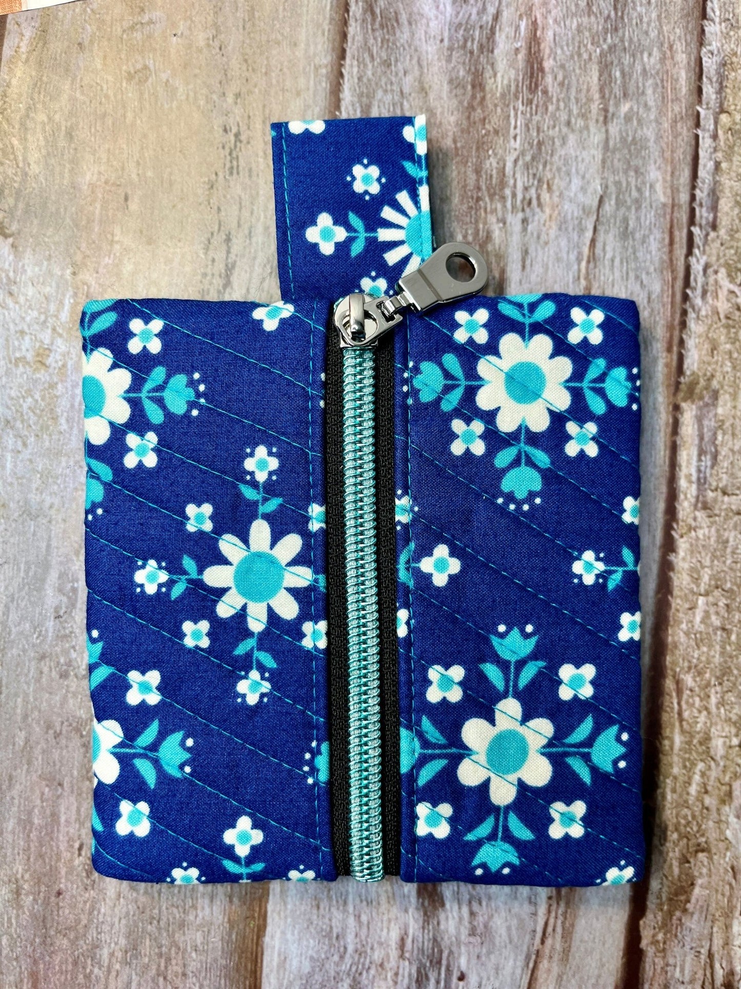 Blue Floral quilted Mini Zip Pouch, Coin Purse, Keyring Purse, Emergency Kit, Girls Purse, Blue Turquoise Pouch - Uphouse Crafts