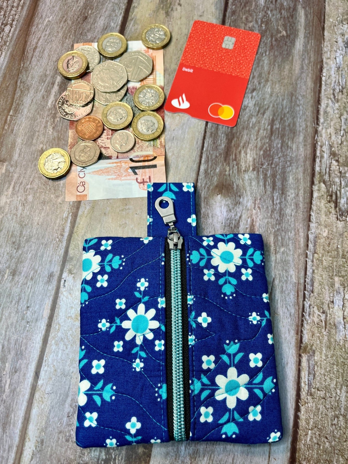 Blue Floral quilted Mini Zip Pouch, Coin Purse, Keyring Purse, Emergency Kit, Girls Purse, Blue Turquoise Pouch - Uphouse Crafts