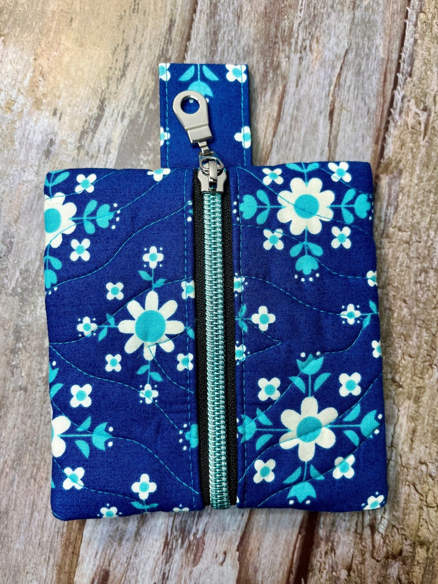 Blue Floral quilted Mini Zip Pouch, Coin Purse, Keyring Purse, Emergency Kit, Girls Purse, Blue Turquoise Pouch - Uphouse Crafts