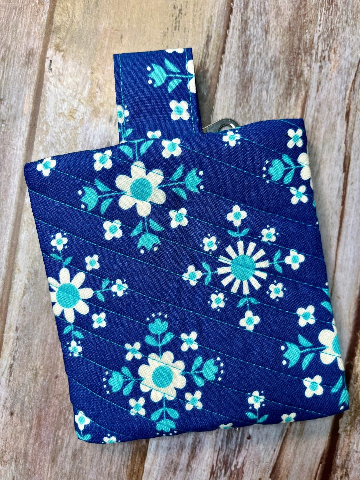 Blue Floral quilted Mini Zip Pouch, Coin Purse, Keyring Purse, Emergency Kit, Girls Purse, Blue Turquoise Pouch - Uphouse Crafts