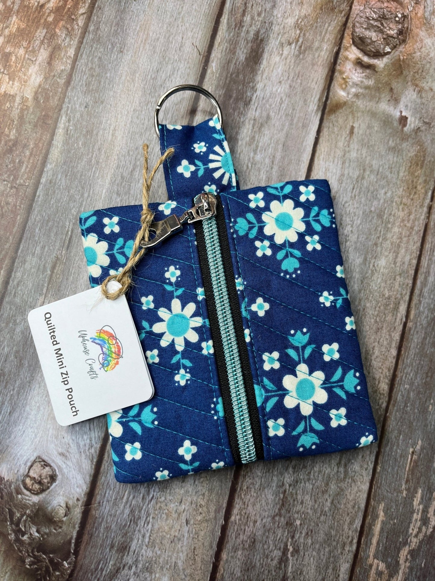 Blue Floral quilted Mini Zip Pouch, Coin Purse, Keyring Purse, Emergency Kit, Girls Purse, Blue Turquoise Pouch - Uphouse Crafts