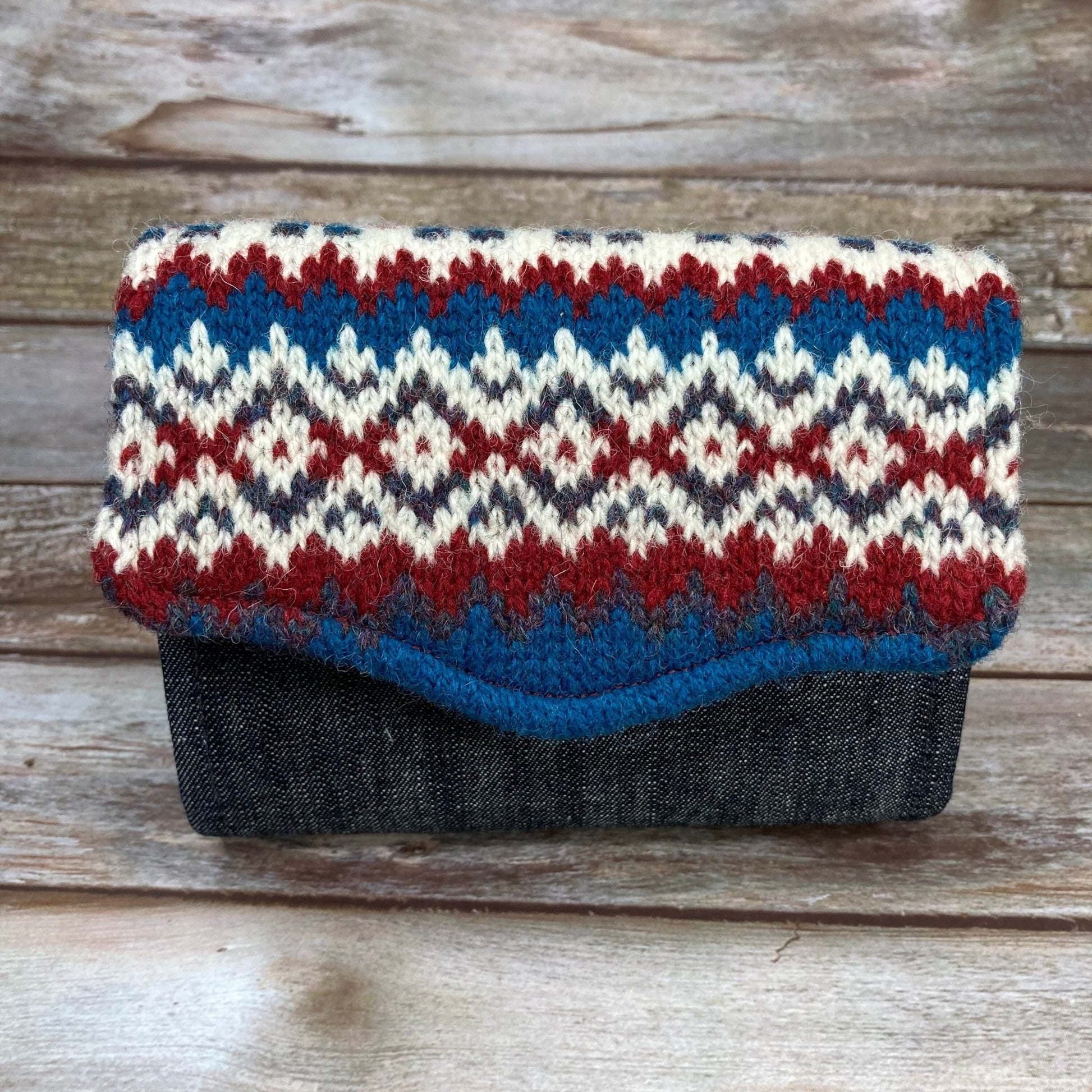 Blue Red & White Fair Isle Purse , Unique Knitted Purse Wallet, Handmade in Shetland - Uphouse Crafts