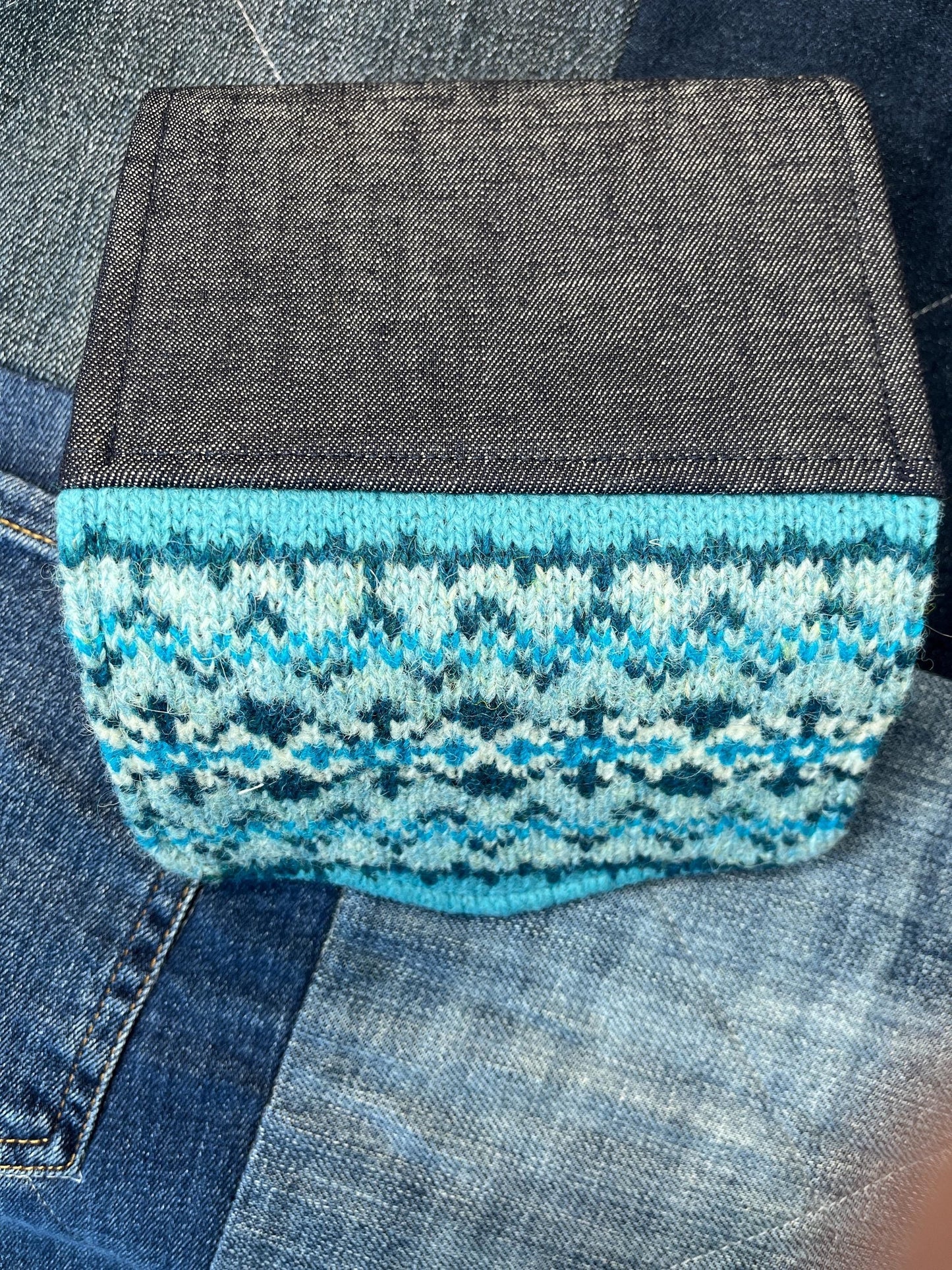 Blue Turquoise Shetland Wool and Denim Fair Isle Purse - Uphouse Crafts