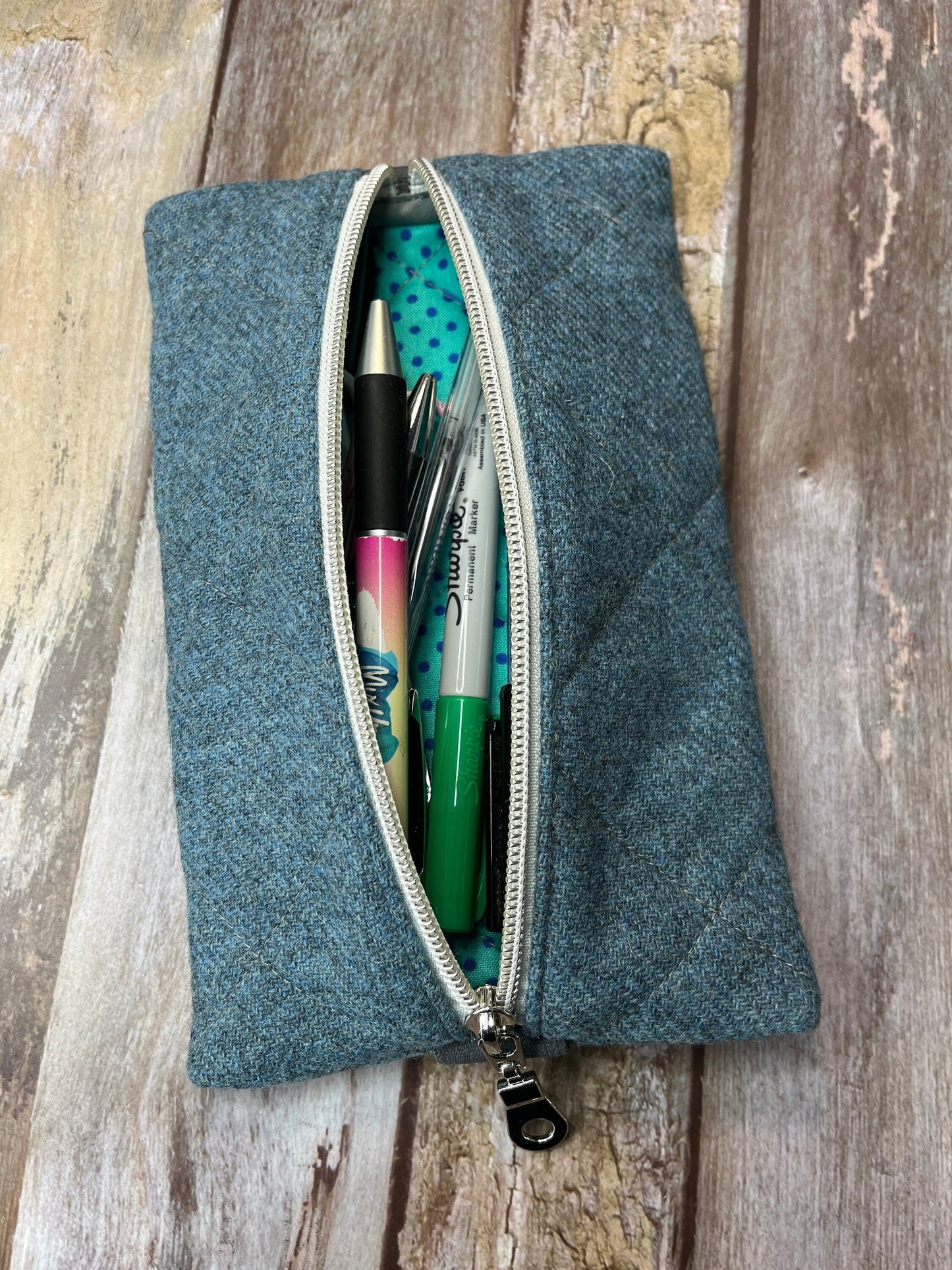 Blue Tweed Notebook Pencil Case, A5 Journal Zip Case, Bookmark - Uphouse Crafts