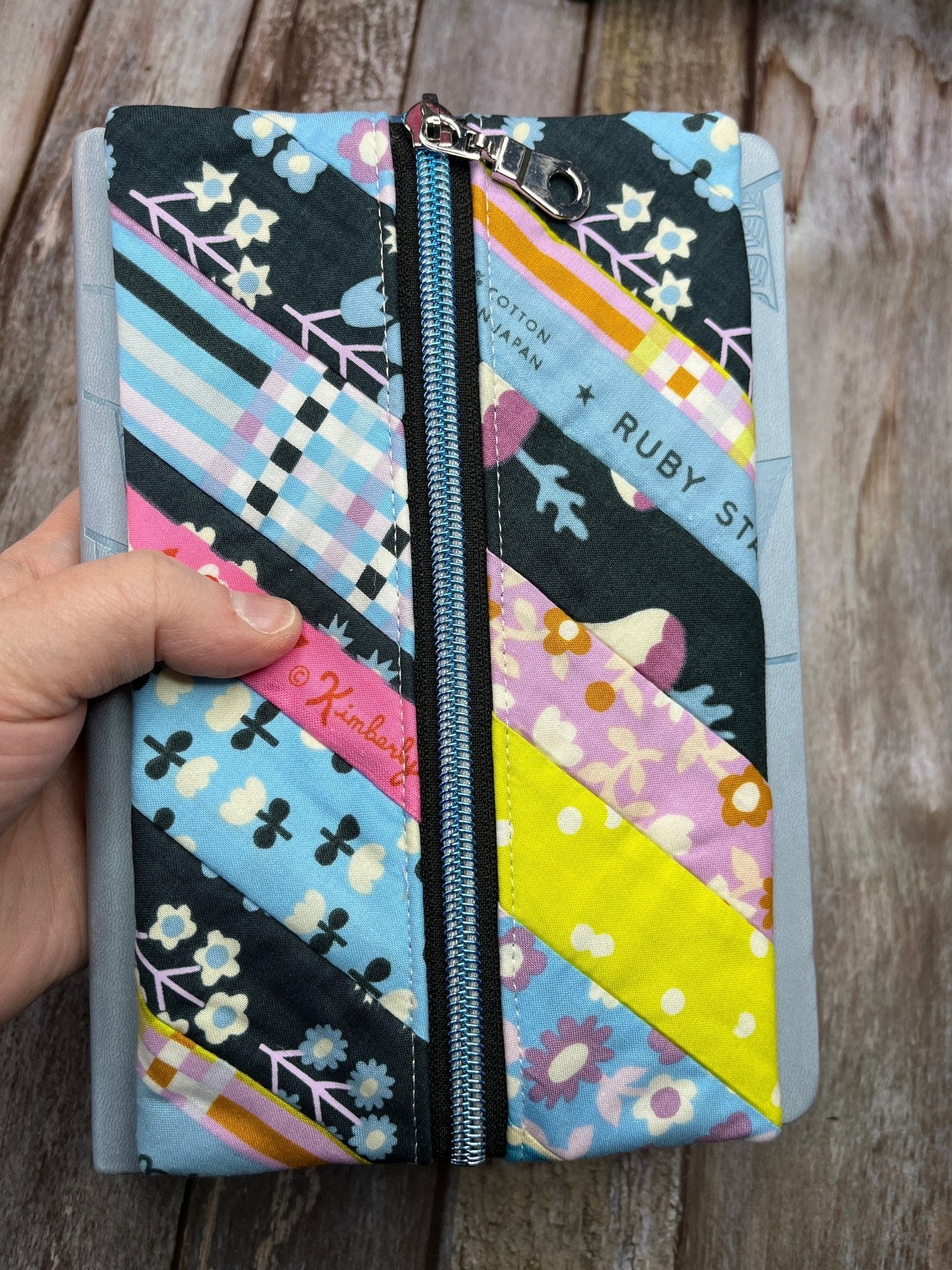 Blue Yellow Lilac Patchwork Notebook Pencil Case, A5 Journal Zip Case, Bookmark - Uphouse Crafts