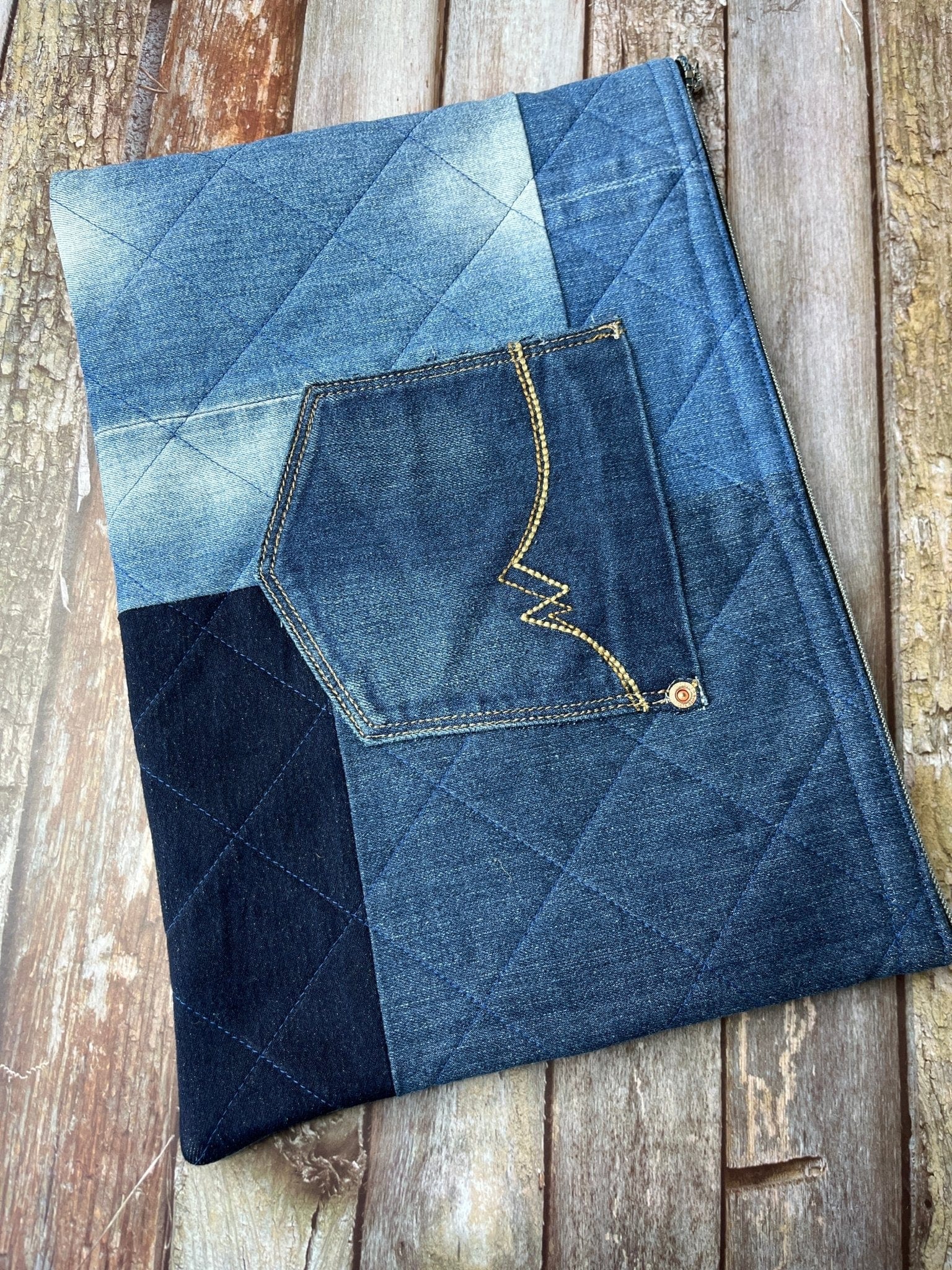 Book Bag - No UC02 Reclaimed Denim, Quilted Denim Book Zip Pouch,