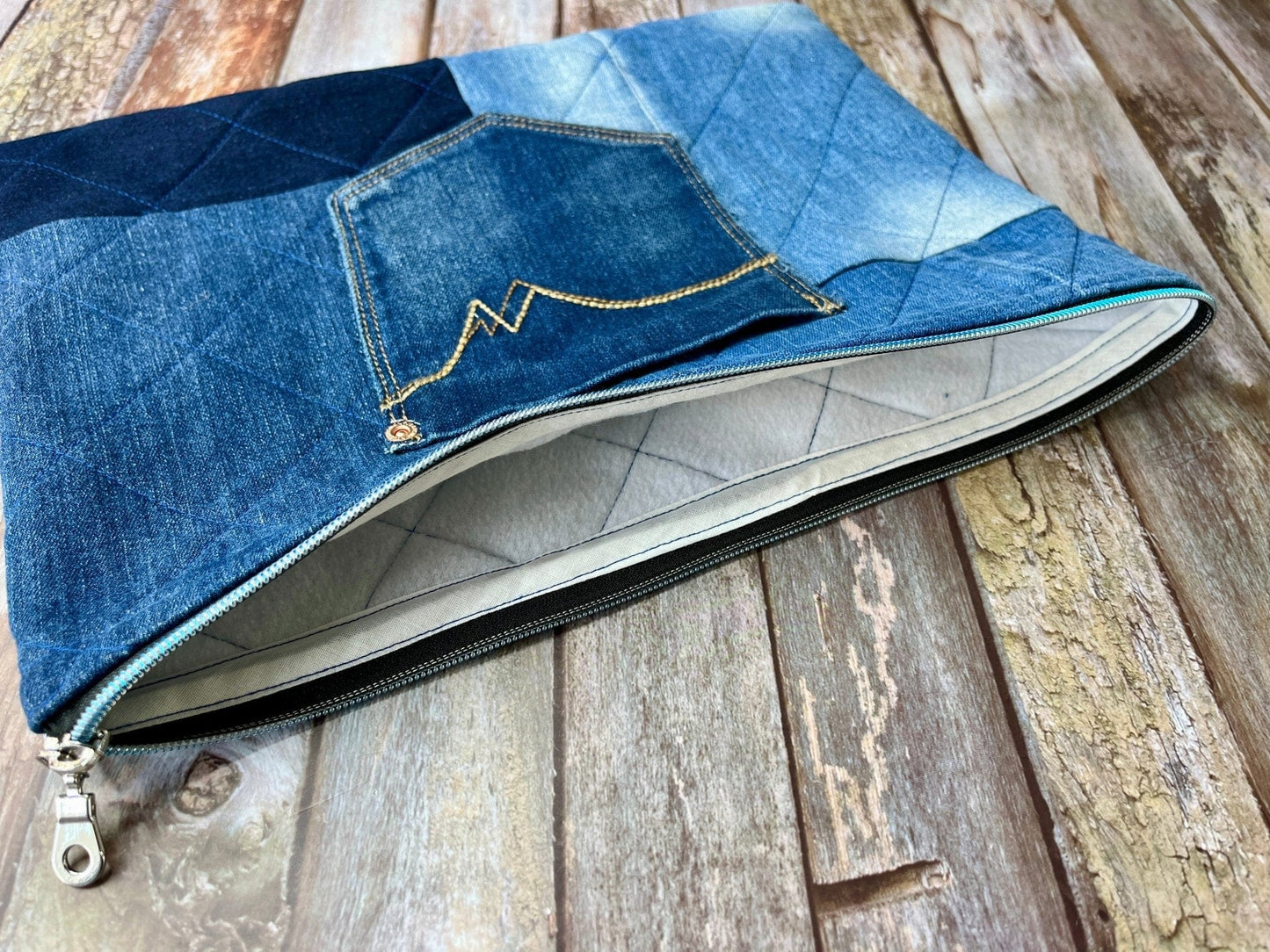 Book Bag - No UC02 Reclaimed Denim, Quilted Denim Book Zip Pouch,