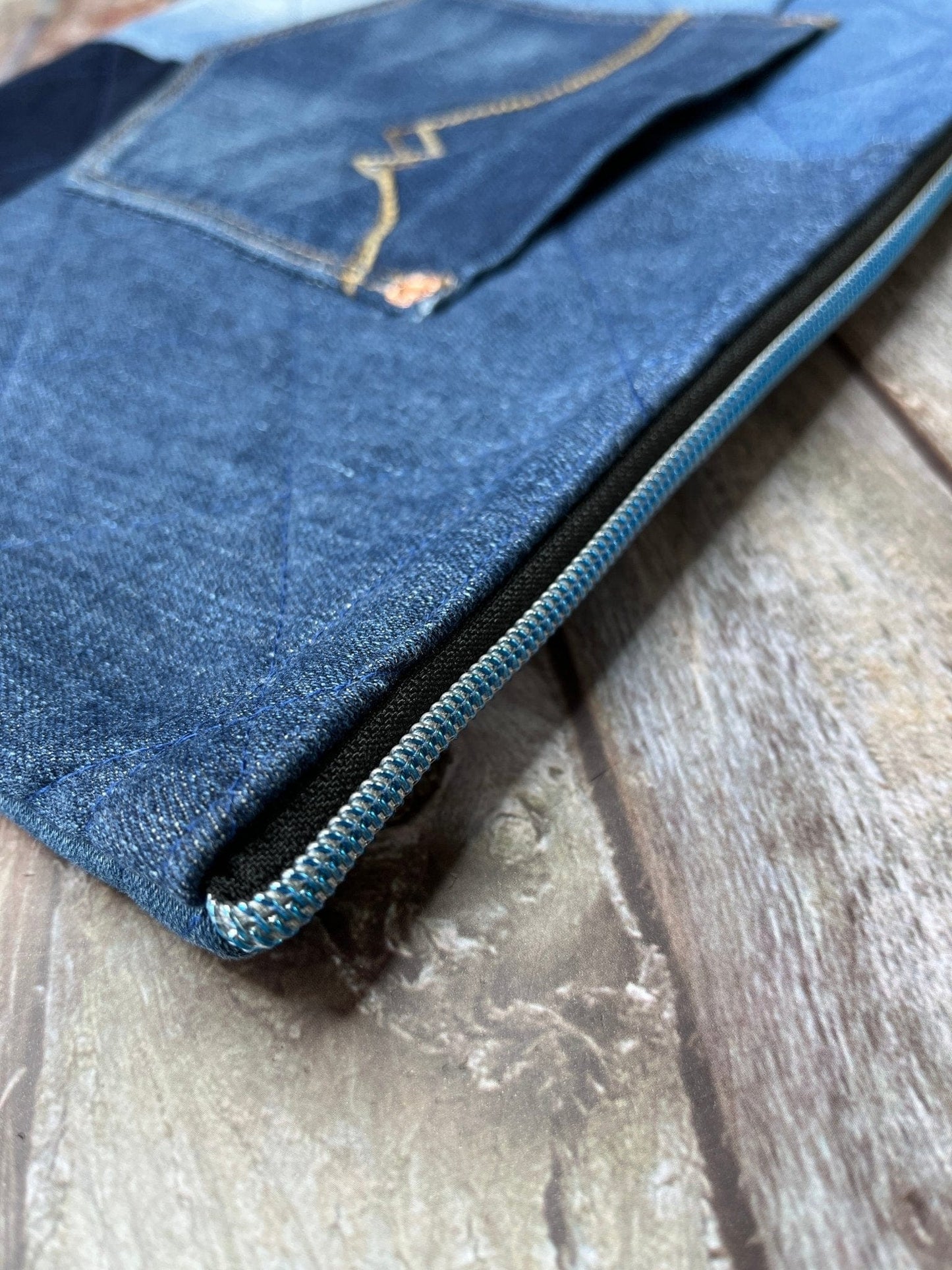 Book Bag - No UC02 Reclaimed Denim, Quilted Denim Book Zip Pouch,