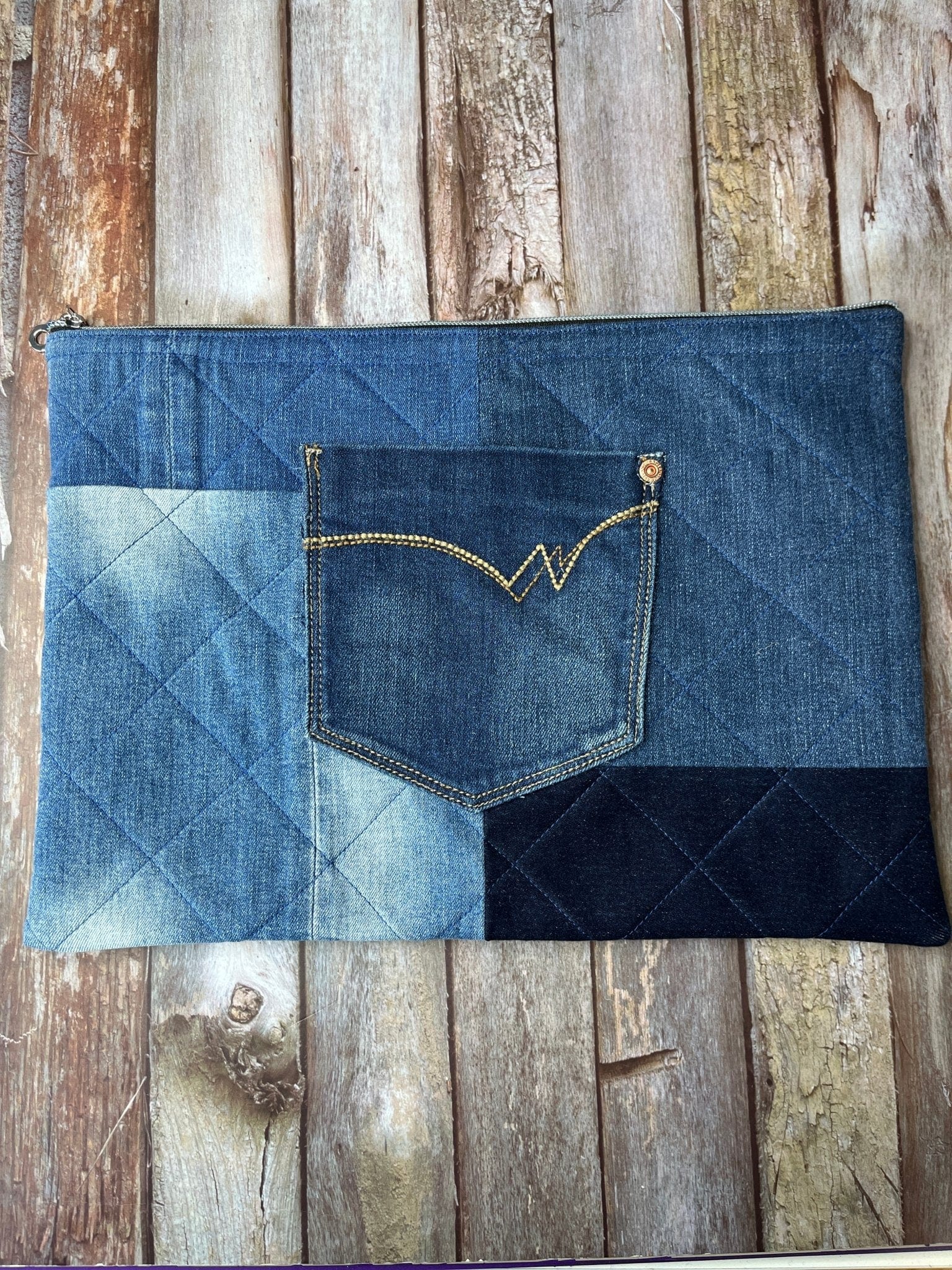 Book Bag - No UC02 Reclaimed Denim, Quilted Denim Book Zip Pouch,