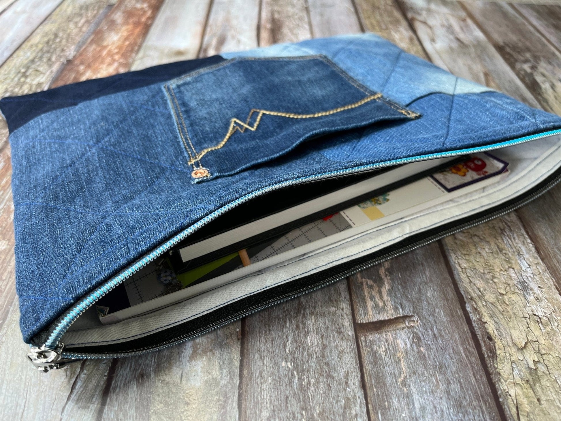 Book Bag - No UC02 Reclaimed Denim, Quilted Denim Book Zip Pouch,