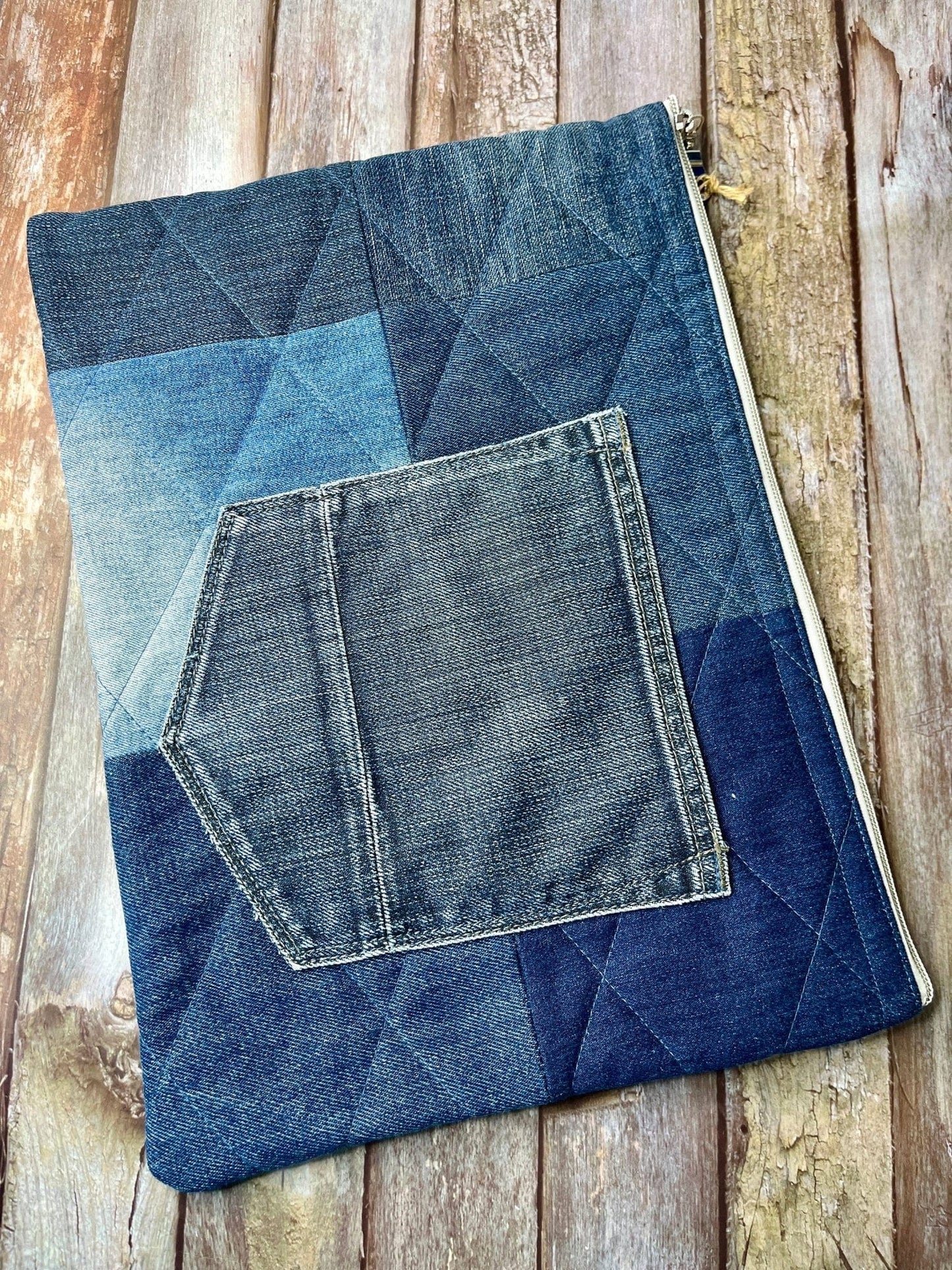 Book Bag - No UC06 Reclaimed Denim, Quilted Denim Book Zip Pouch,