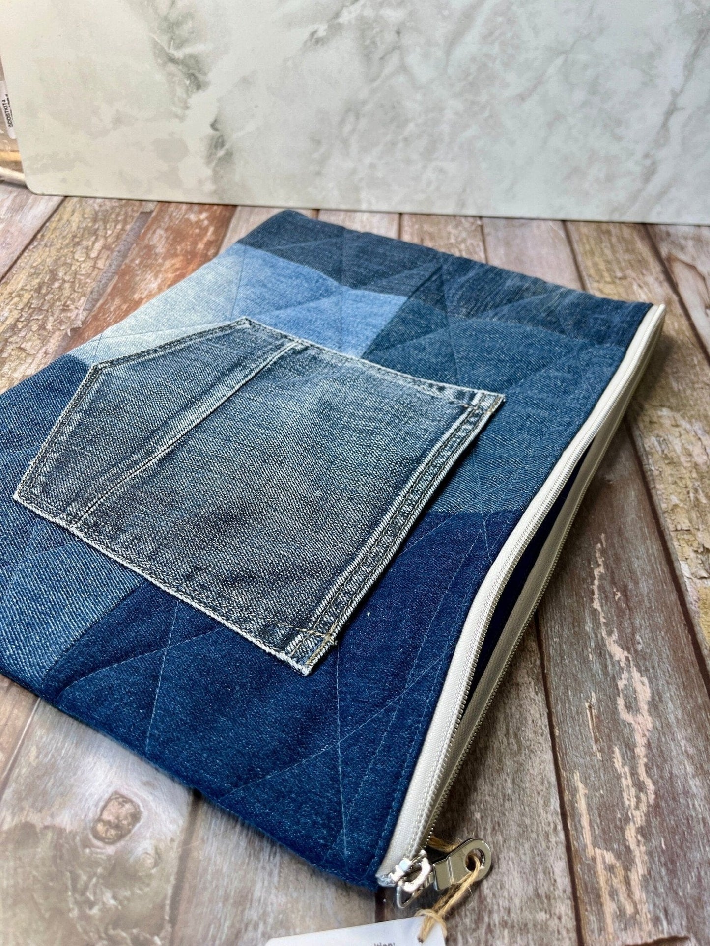 Book Bag - No UC06 Reclaimed Denim, Quilted Denim Book Zip Pouch,