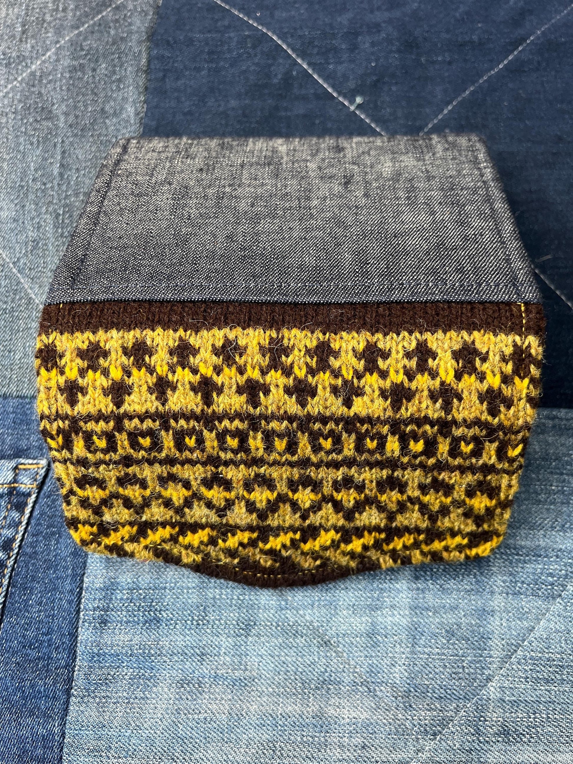 Hand knitted Fair Isle Purse Clutch | Brown Mustard