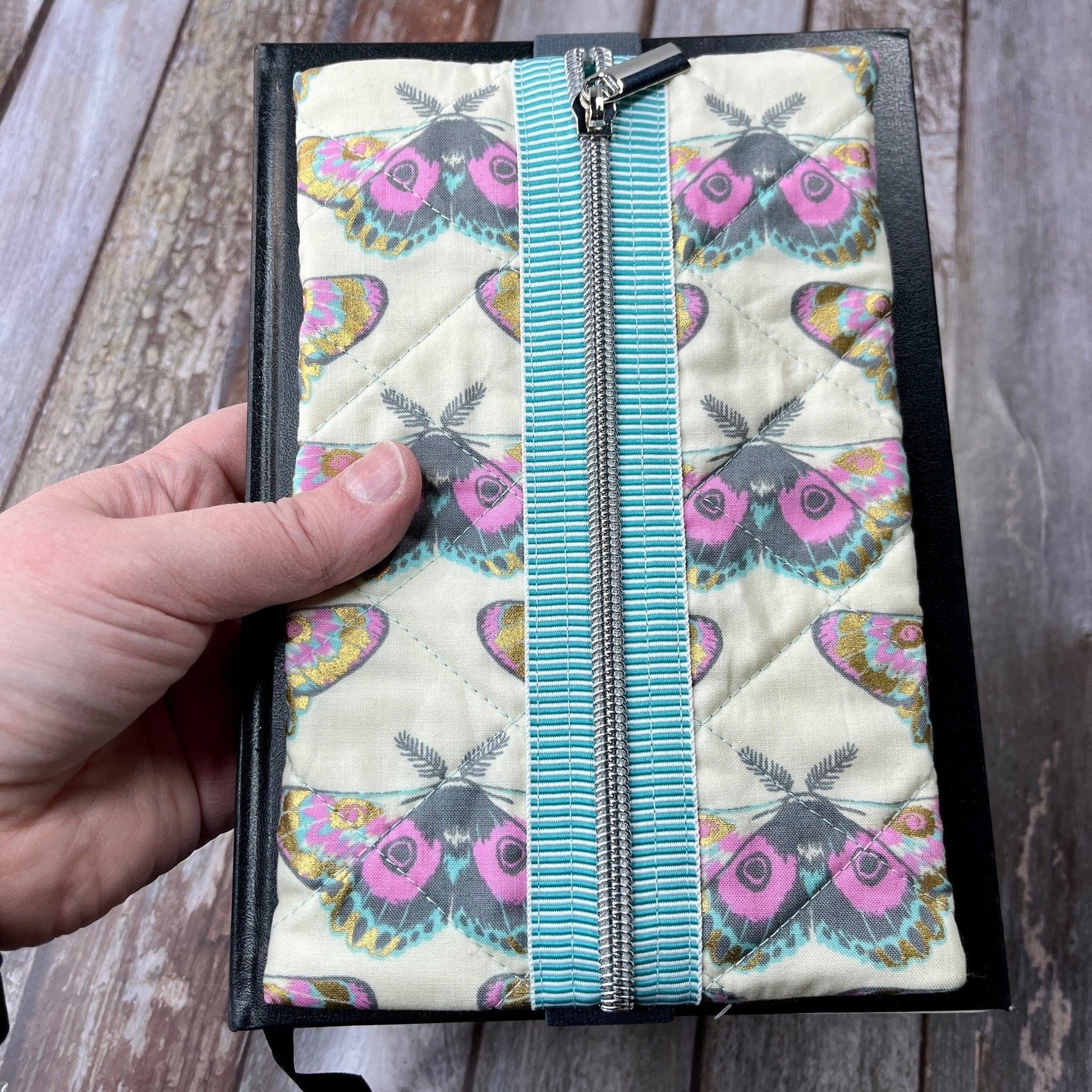 Cream Lilac Butterfly Patchwork Notebook Pencil Case, A5 Journal Zip Case, Bookmark - Uphouse Crafts