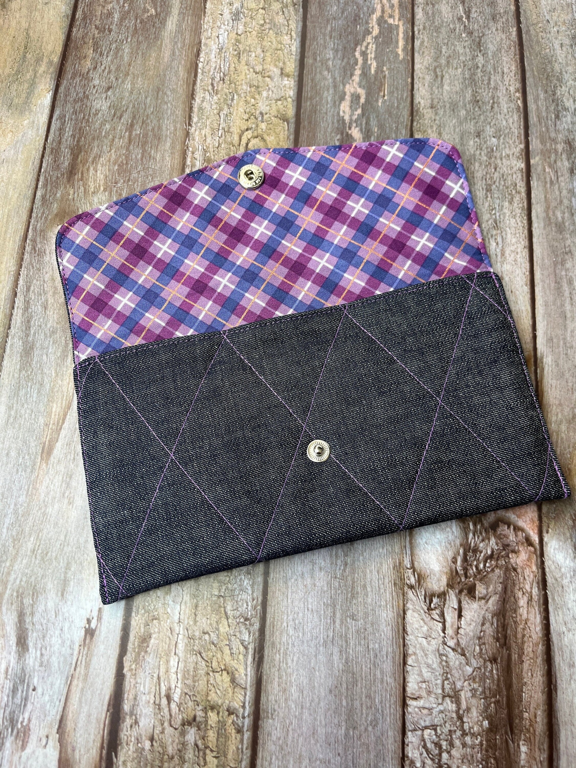 Denim and Purple Slim Purse | Patchwork Purse | Phone Clutch Wallet - Uphouse Crafts