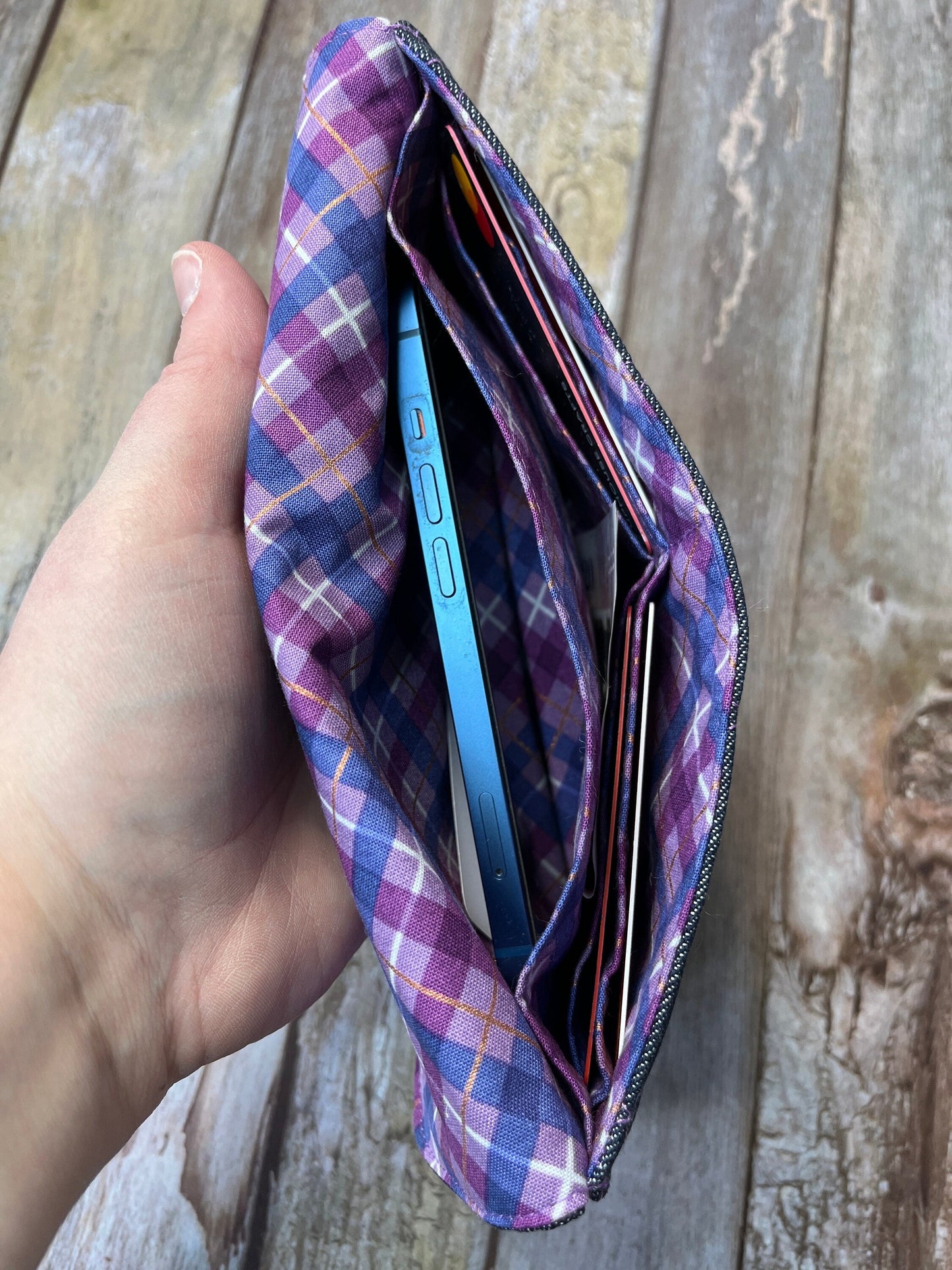 Denim and Purple Slim Purse | Patchwork Purse | Phone Clutch Wallet - Uphouse Crafts