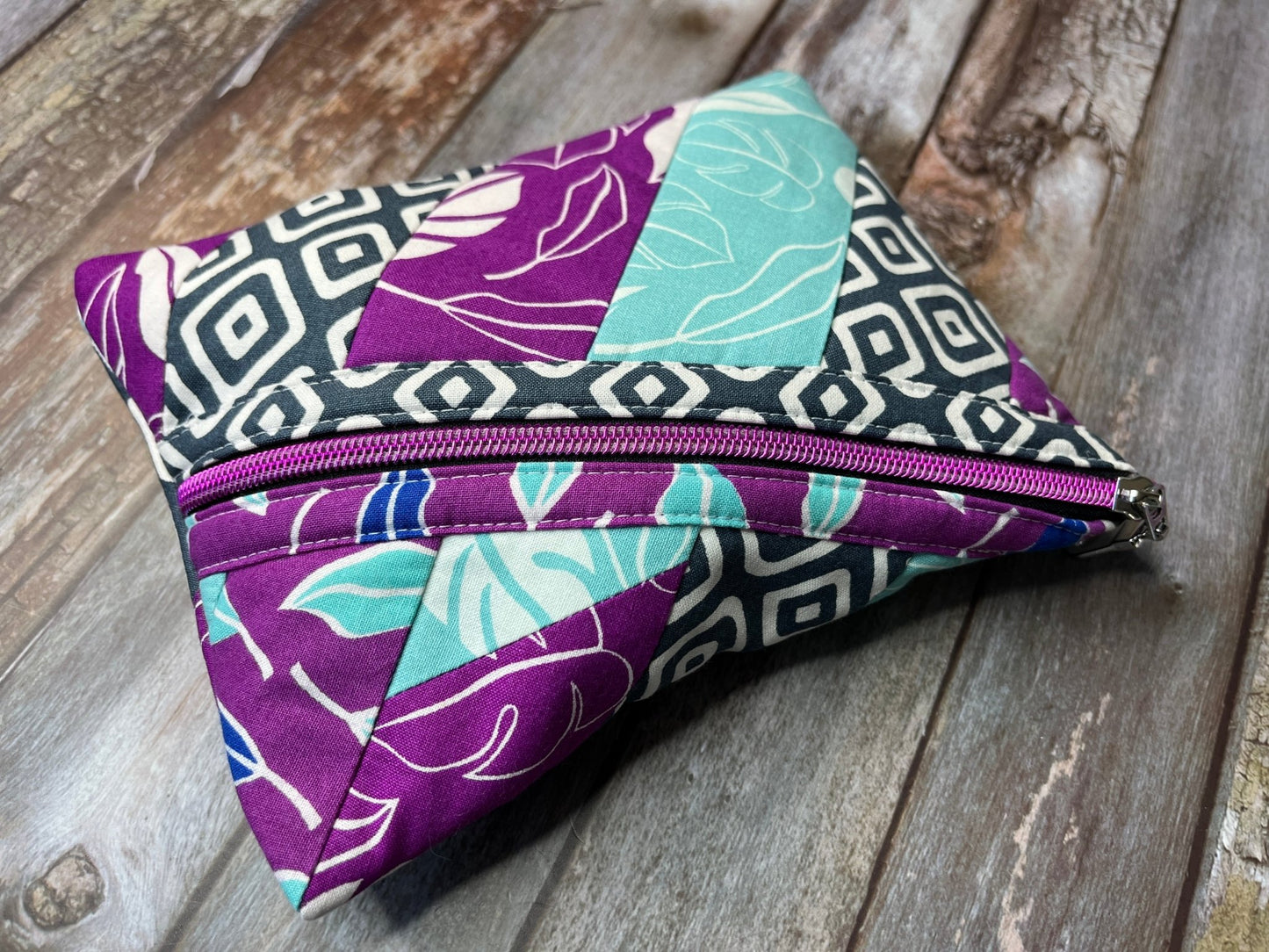 Diagonal Zip Pouch - Purple, Aqua, Grey & White - Uphouse Crafts