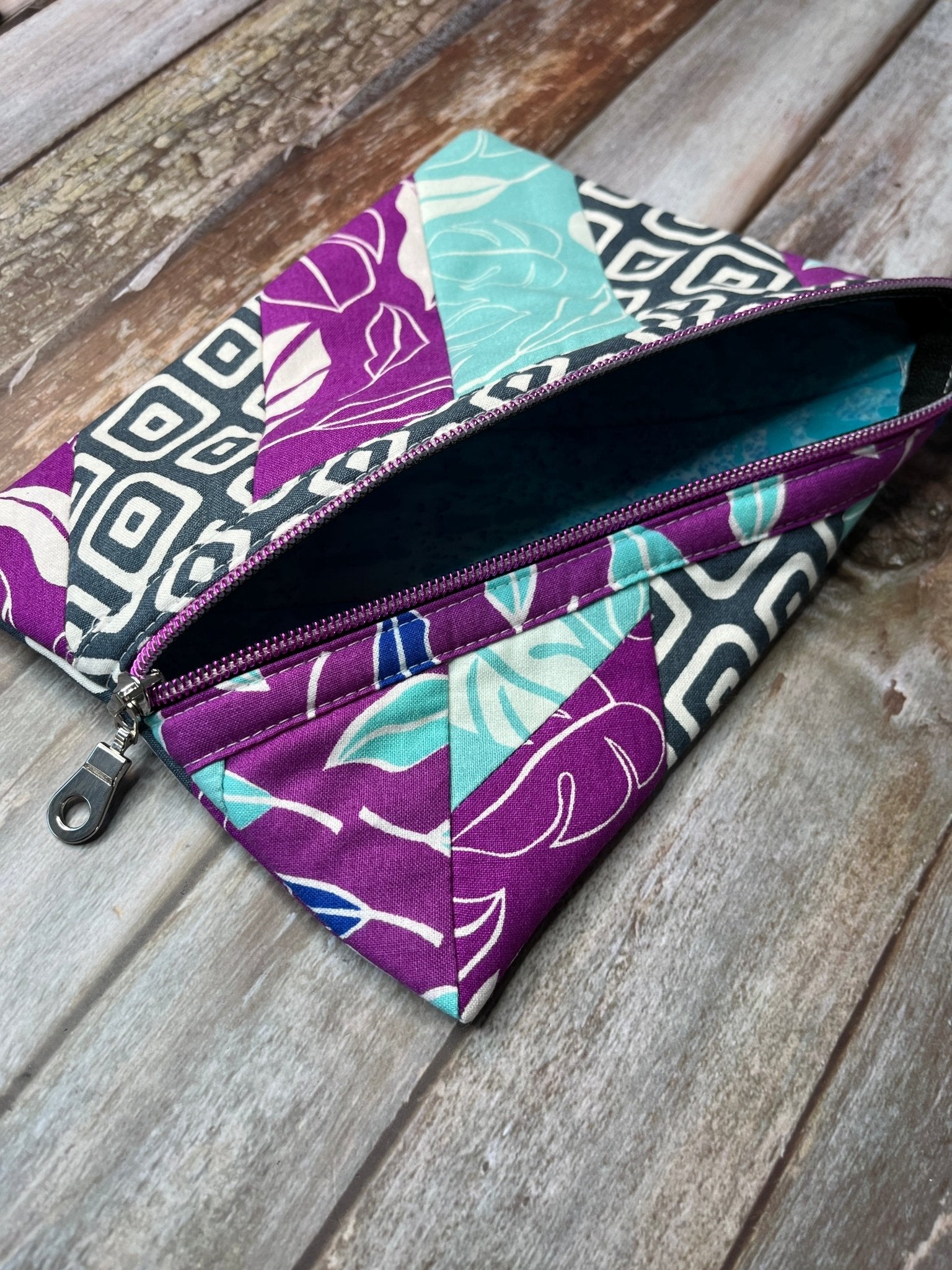 Diagonal Zip Pouch - Purple, Aqua, Grey & White - Uphouse Crafts