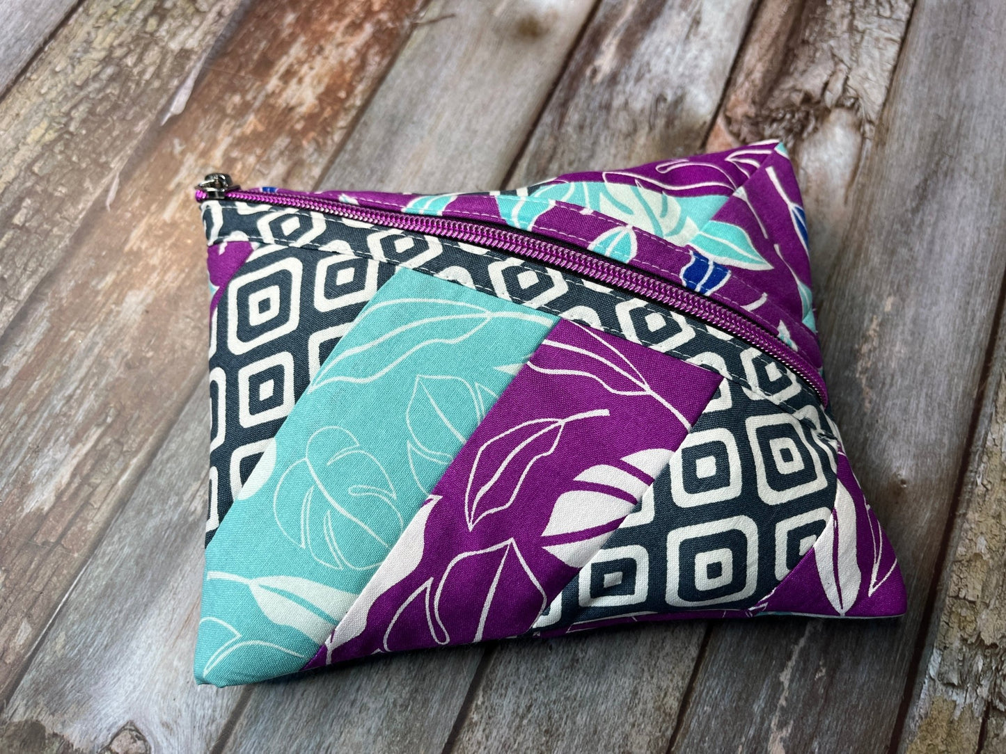 Diagonal Zip Pouch - Purple, Aqua, Grey & White - Uphouse Crafts