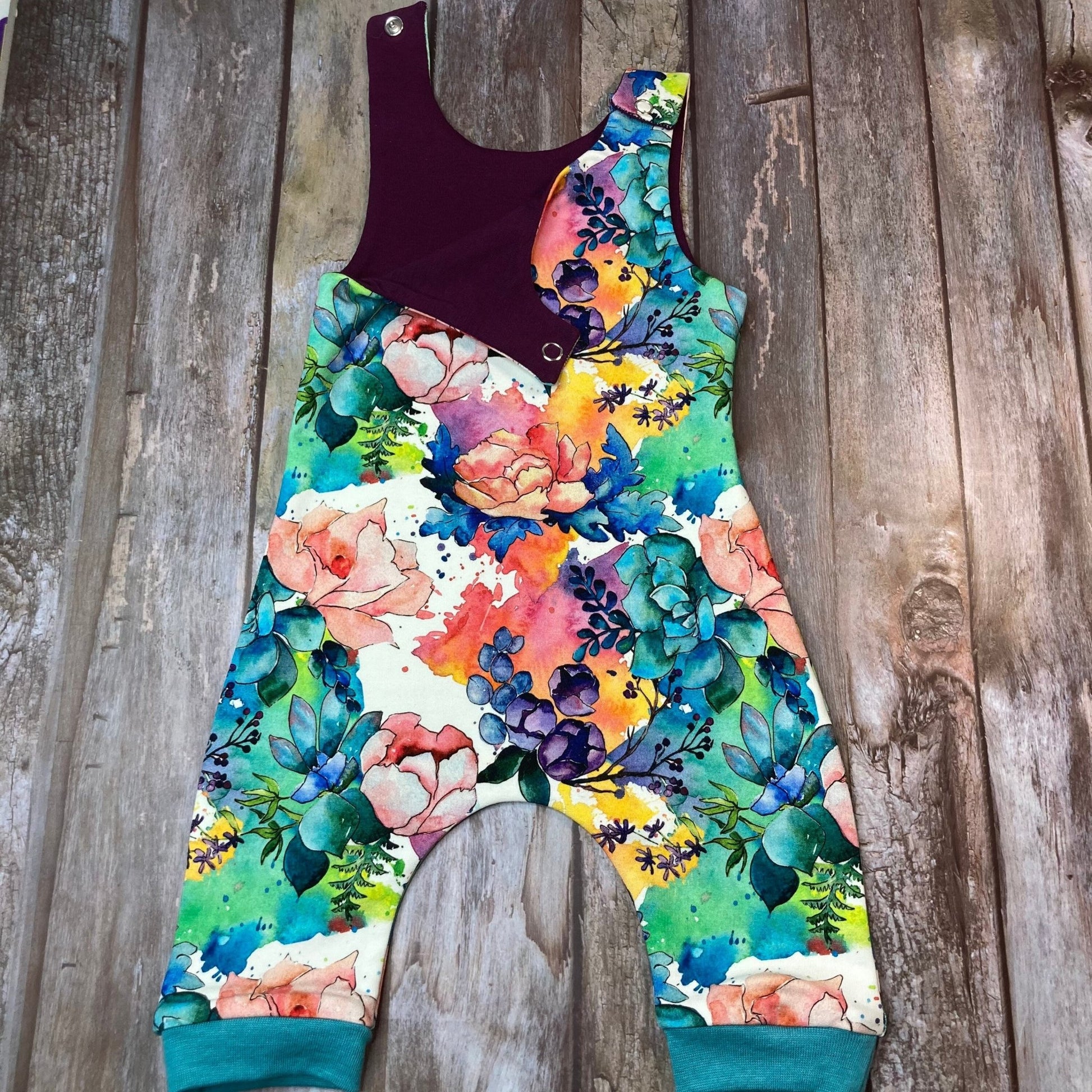 Floral Baby dungarees, Pink Blue Aqua Baby Dungarees Romper 0 - 3 months - Uphouse Crafts