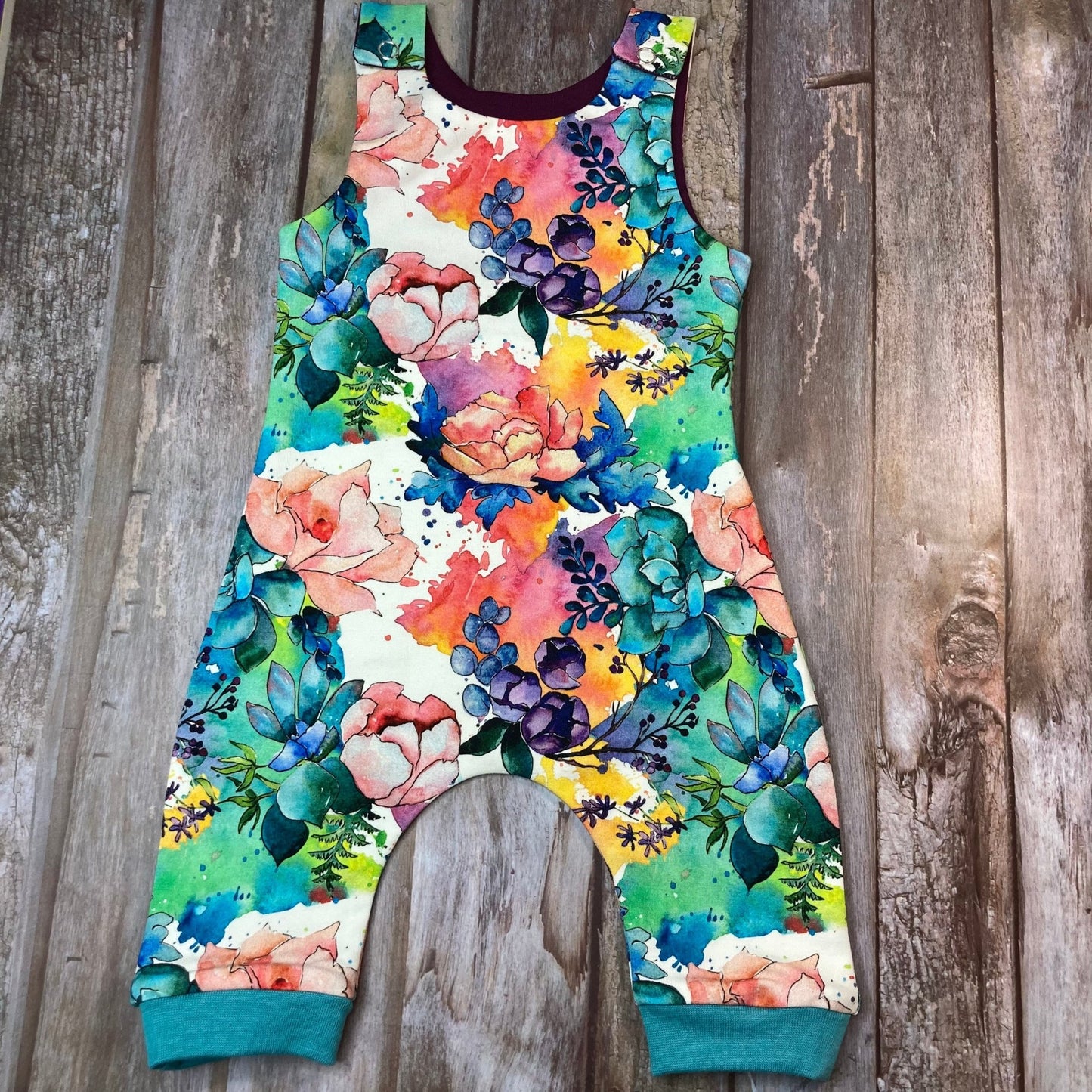 Floral Baby dungarees, Pink Blue Aqua Baby Dungarees Romper 0 - 3 months - Uphouse Crafts