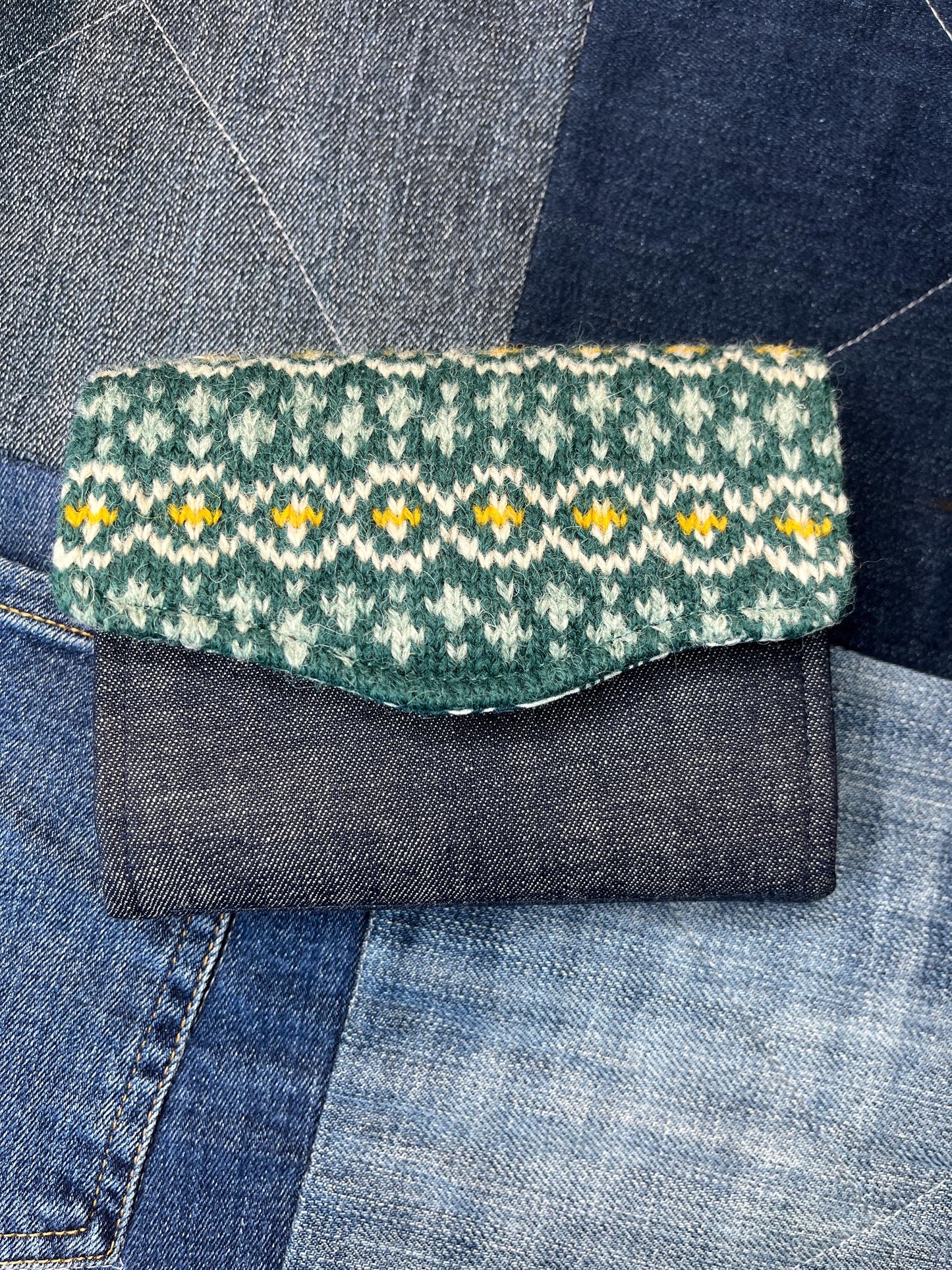 Green Yellow Shetland Wool and Denim Fair Isle Purse - Uphouse Crafts