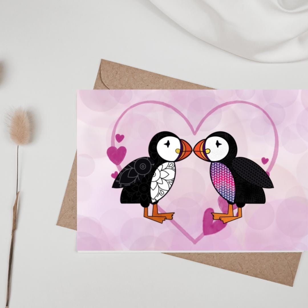 Greetings Card | Pink Heart Fair Isle Puffin