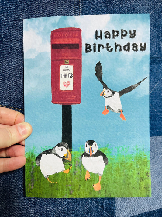 Greetings Card | Puffin Postbox - Personalised Birthday Card, Anniversary Card, Valentines Card 3 Puffins