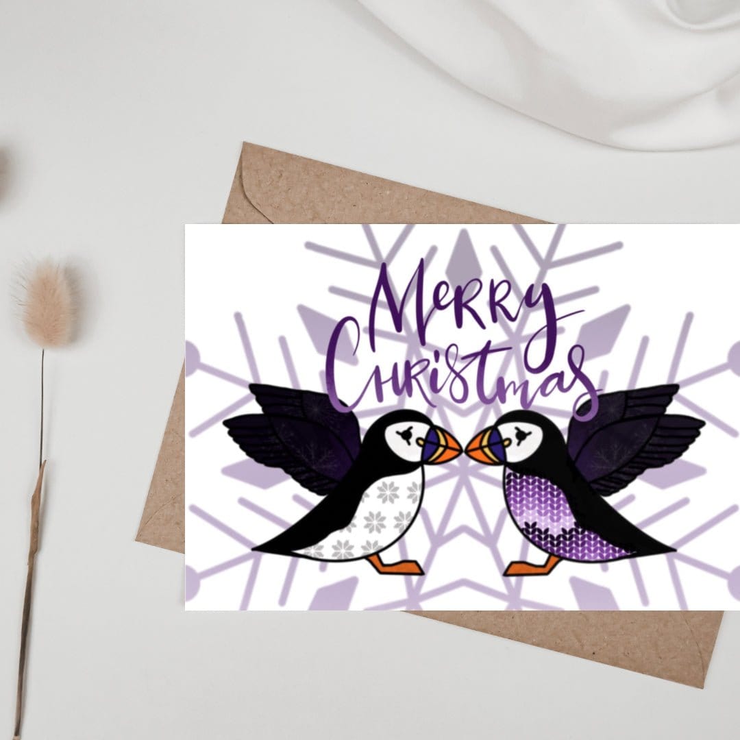 Greetings Card | Purple Christmas Fair Isle Puffin Purple Puffins