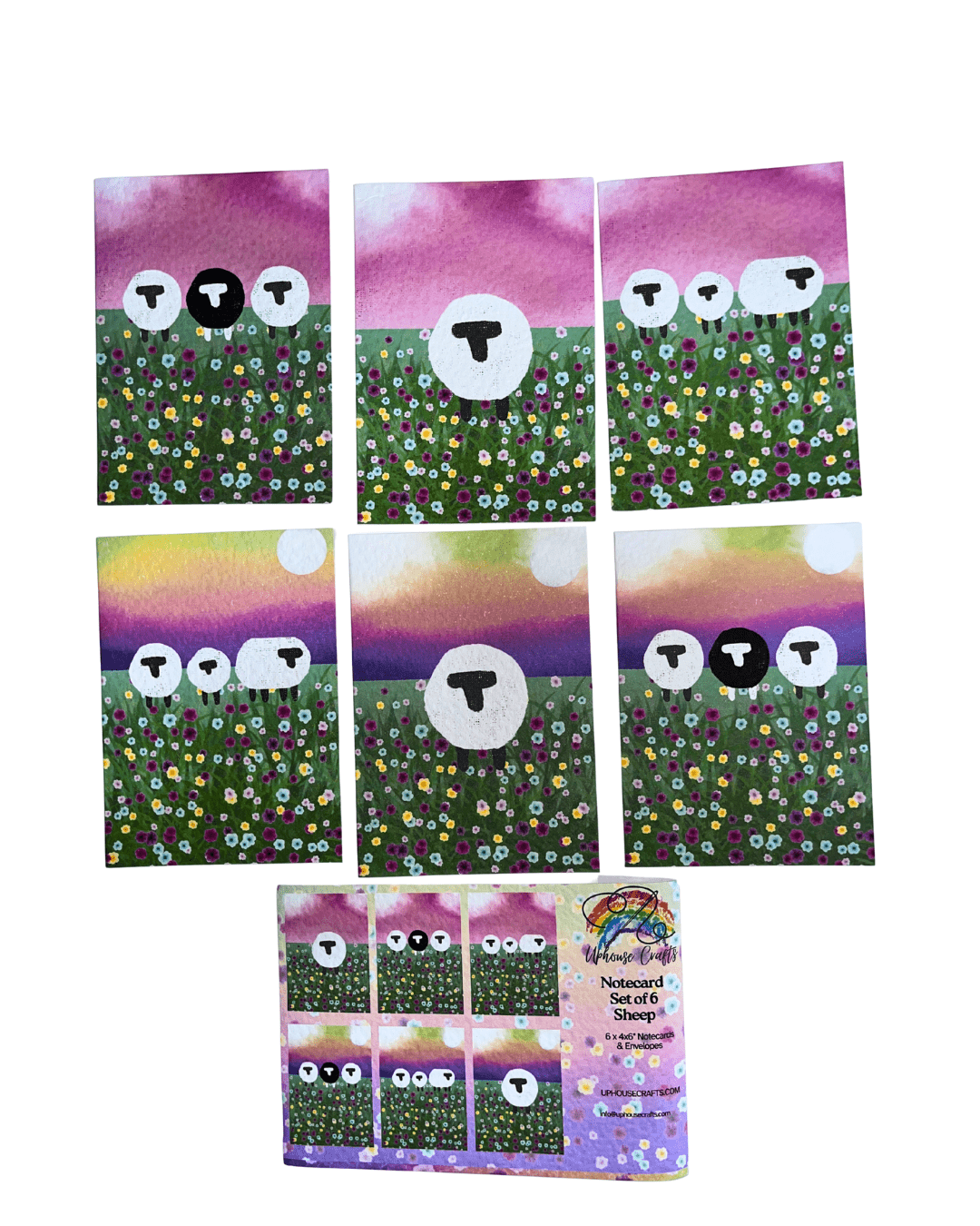 Greetings Card | Shetland - Set of 6 Sheep Notecards | Pink & Sunset - Uphouse Crafts