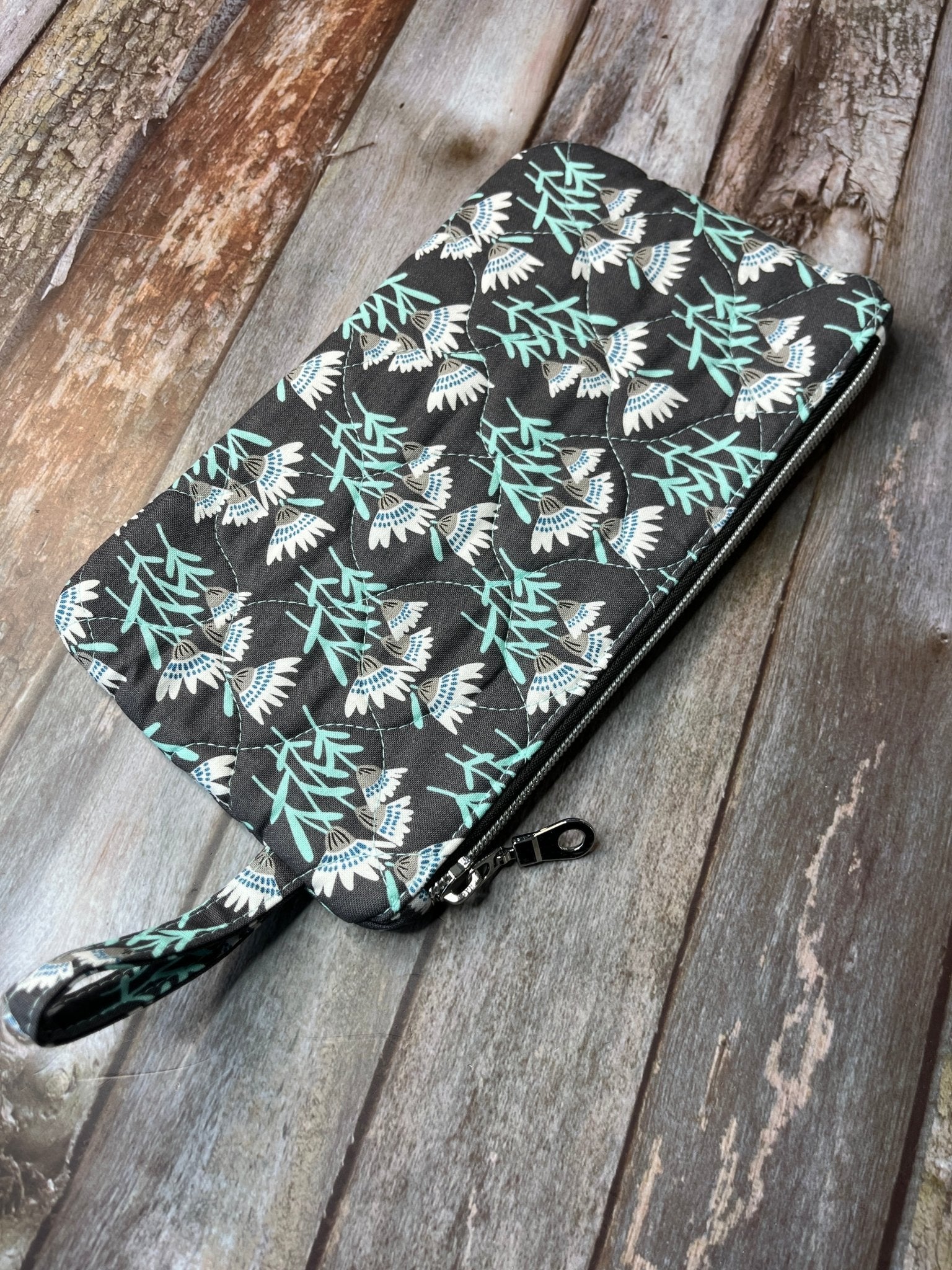 Grey Aqua Floral Makeup Bag Pencil Case - Uphouse Crafts