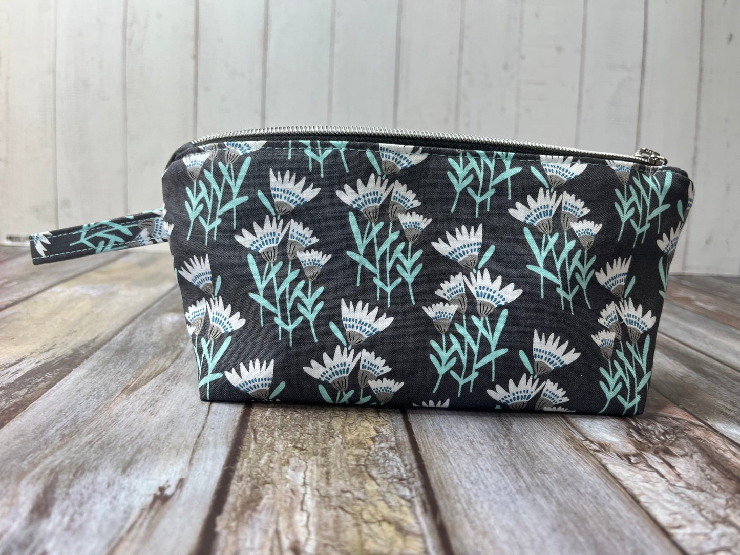 Grey Aqua Floral Makeup Bag Pencil Case - Uphouse Crafts