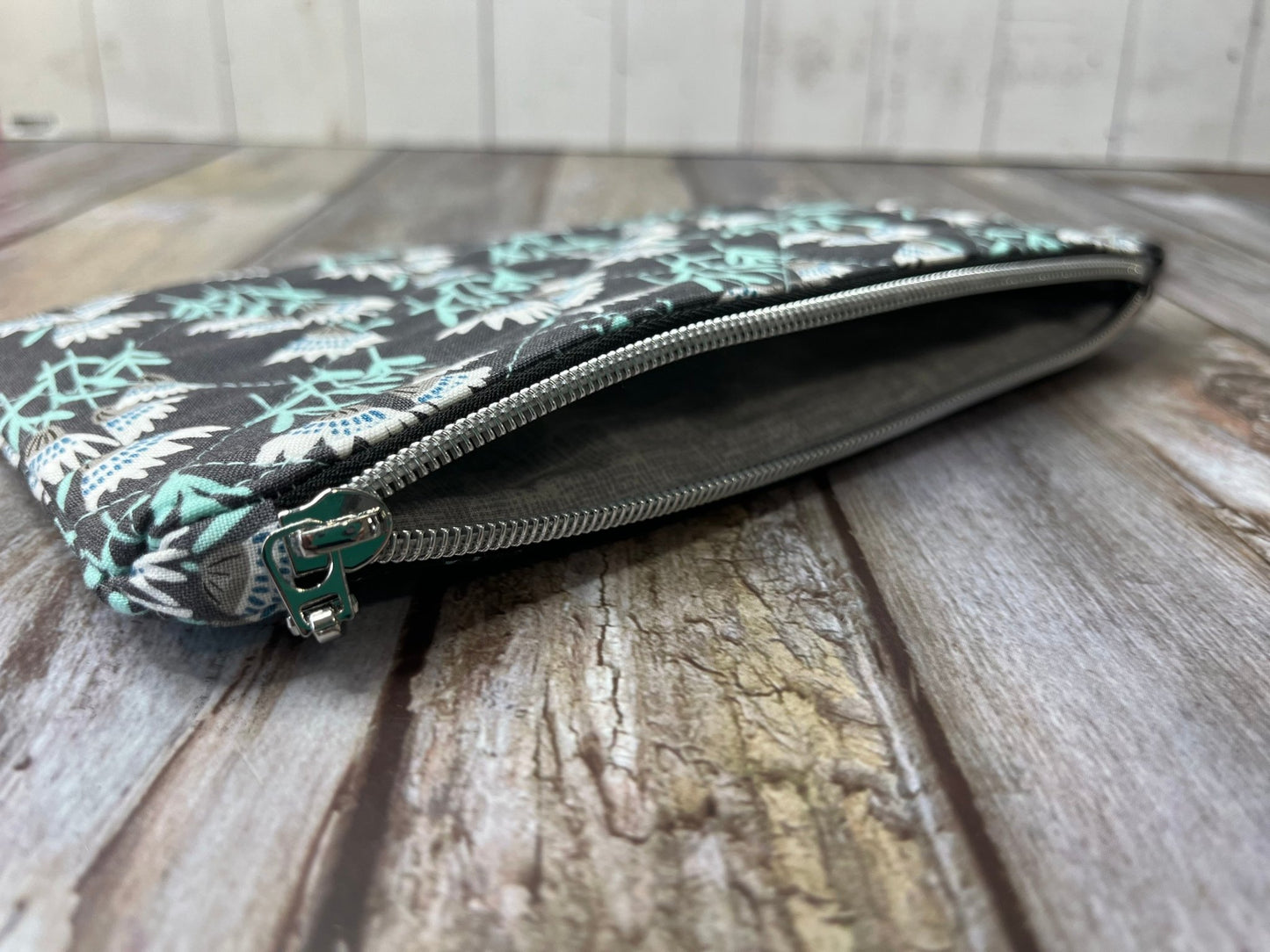 Grey Aqua Floral Makeup Bag Pencil Case - Uphouse Crafts