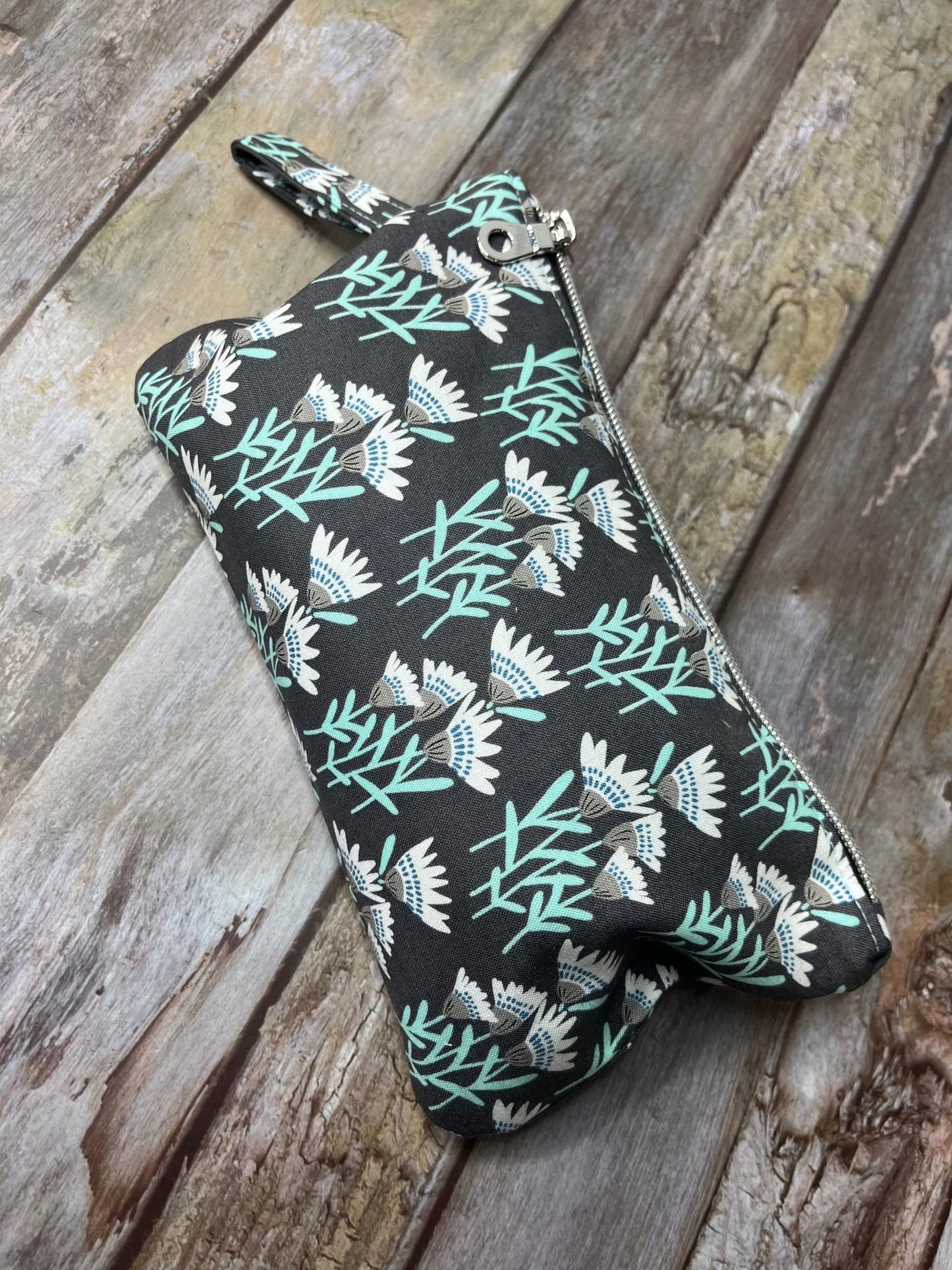 Grey Aqua Floral Makeup Bag Pencil Case - Uphouse Crafts