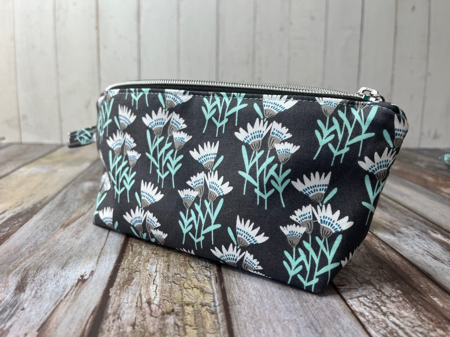 Grey Aqua Floral Makeup Bag Pencil Case - Uphouse Crafts